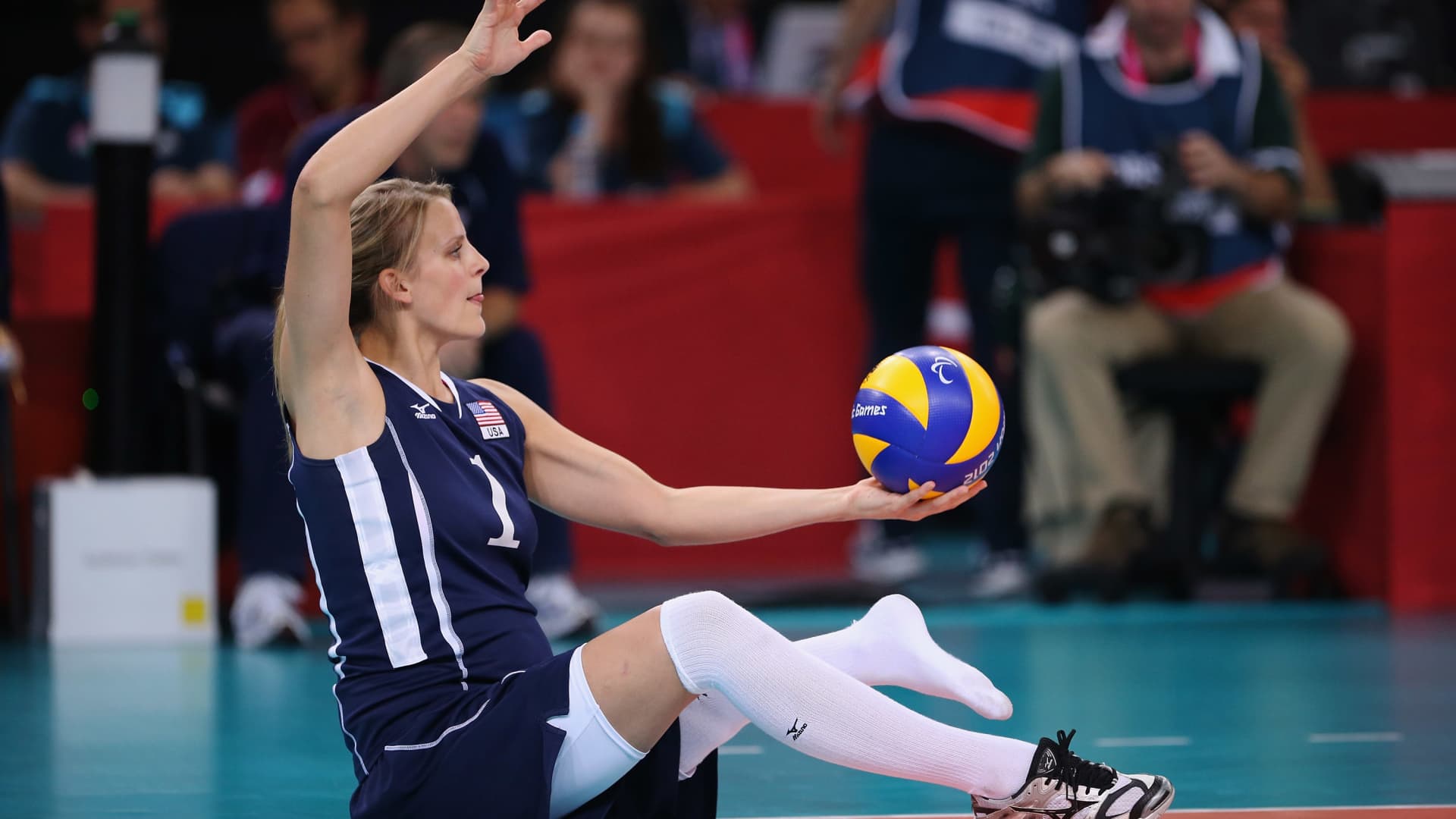 Lora Webster of The United States plays a shot during the Women's Sitting Volleyball final Gold Medal match against China on day 9 of the London 2012 Paralympic Games.