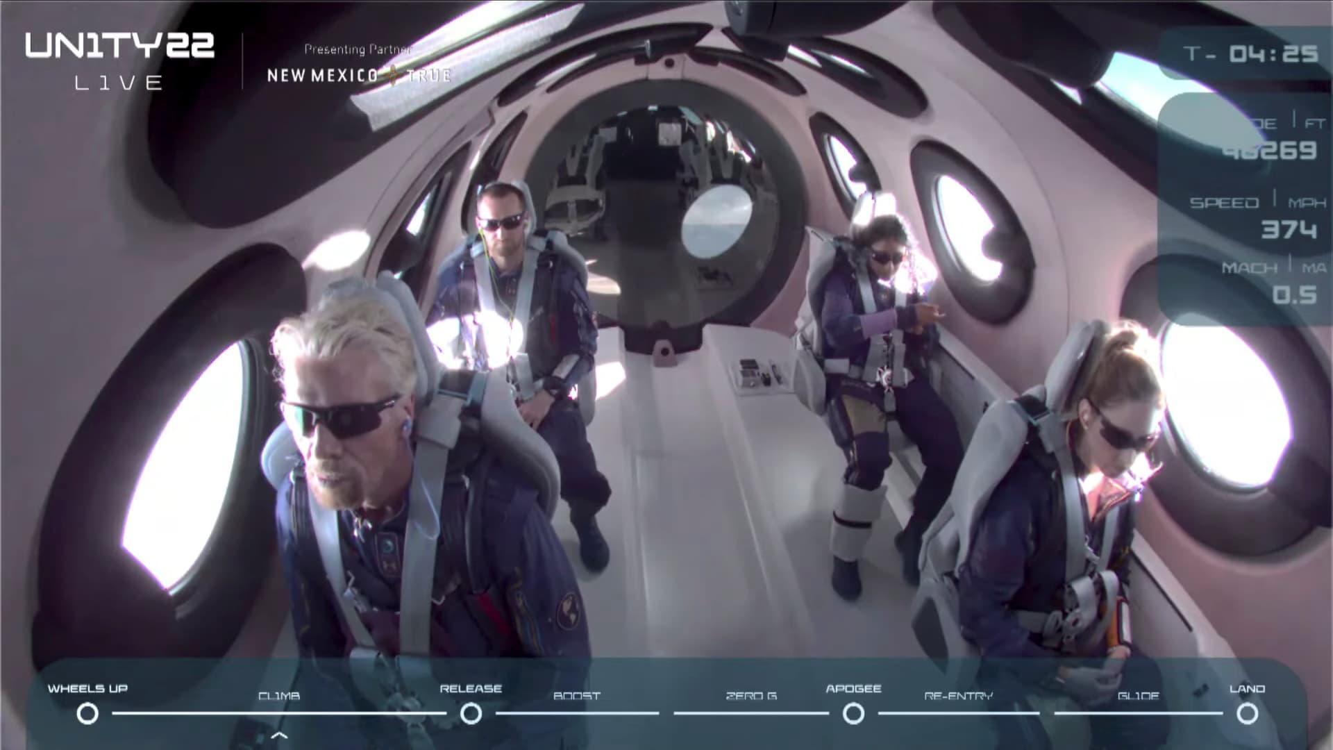 Billionaire Richard Branson and crew are seen on board Virgin Galactic's passenger rocket plane VSS Unity before starting their untethered ascent to the edge of space above Spaceport America near Truth or Consequences, New Mexico, U.S. July 11, 2021 in a still image from video.