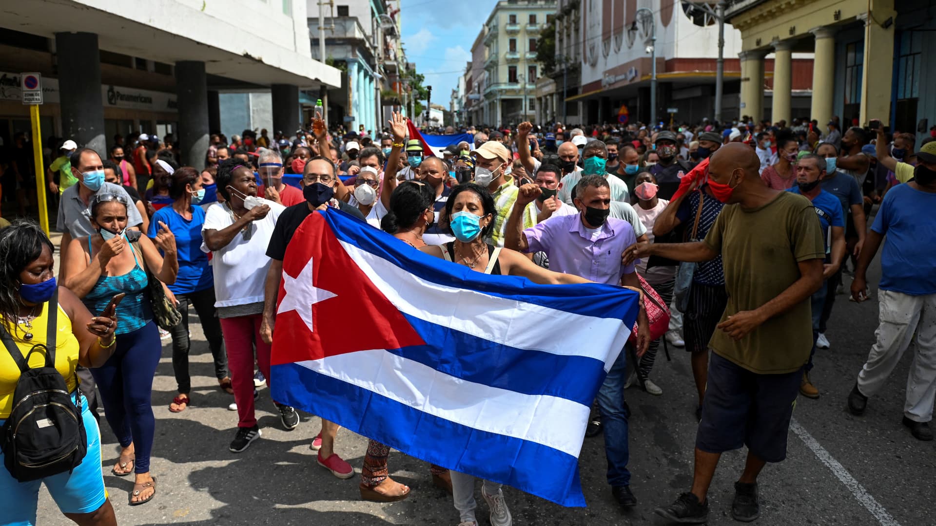 People take part in a demonstration to support the government of the Cuban President Miguel Diaz-Canel in Havana, on July 11, 2021.