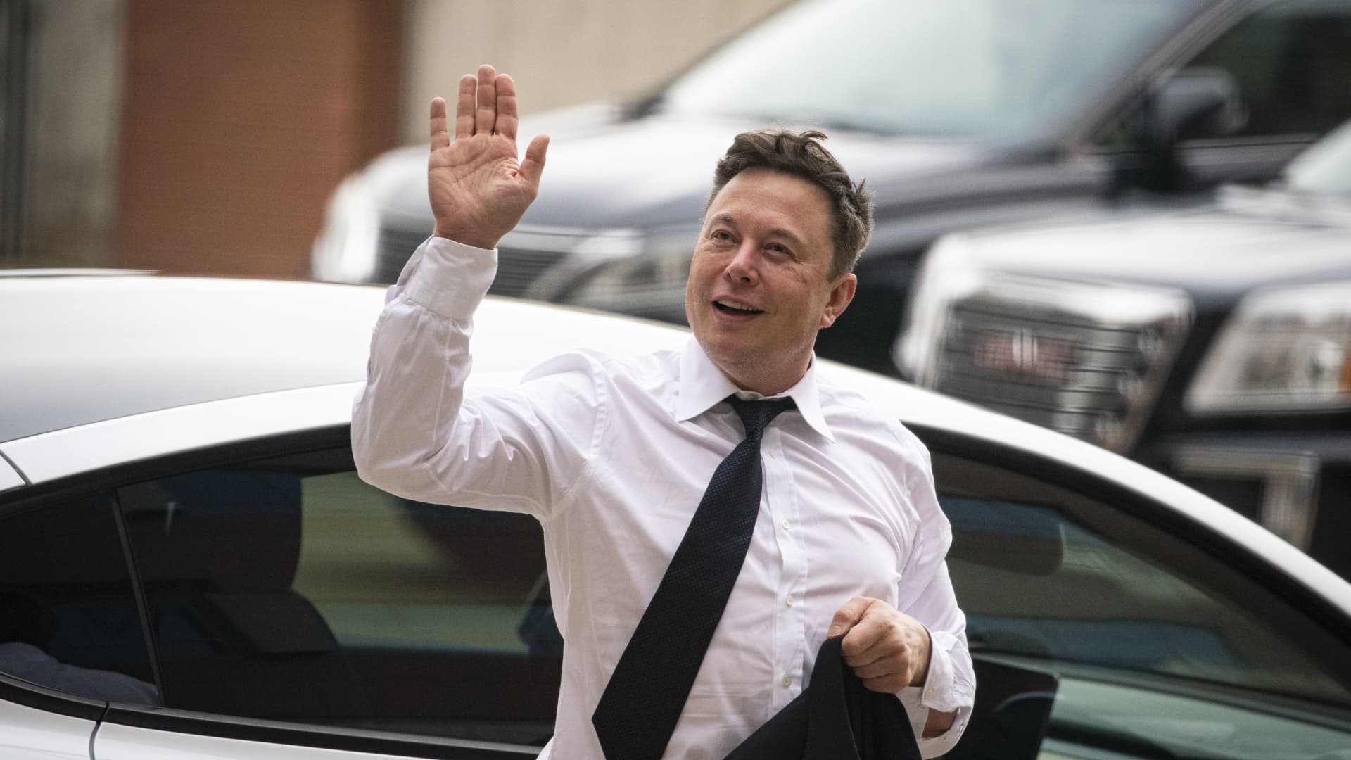 Elon Musk, chief executive officer of Tesla Inc., arrives at court during the SolarCity trial in Wilmington, Delaware, U.S., on Tuesday, July 13, 2021.