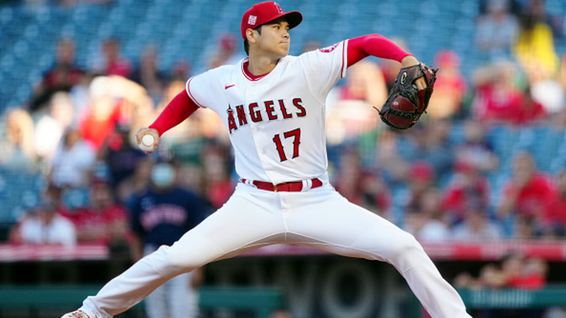 Shohei Ohtani #17 of the Los Angeles Angels pitches during the game between the Boston Red Sox and the Los Angeles Angels at Angel Stadium on Tuesday, July 6, 2021 in Anaheim, California.