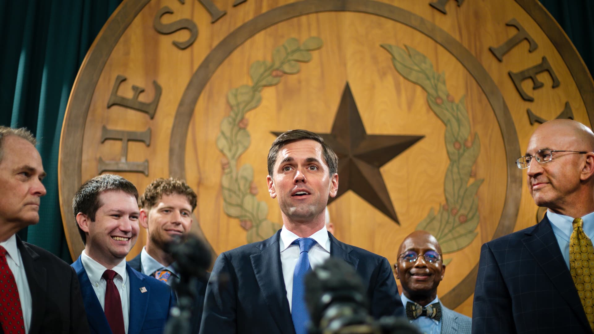 U.S. Rep. Mayes Middleton (R-TX) (C) of the Texas Freedom Caucus addresses the media in the Texas Capitol on July 13, 2021 in Austin, Texas.