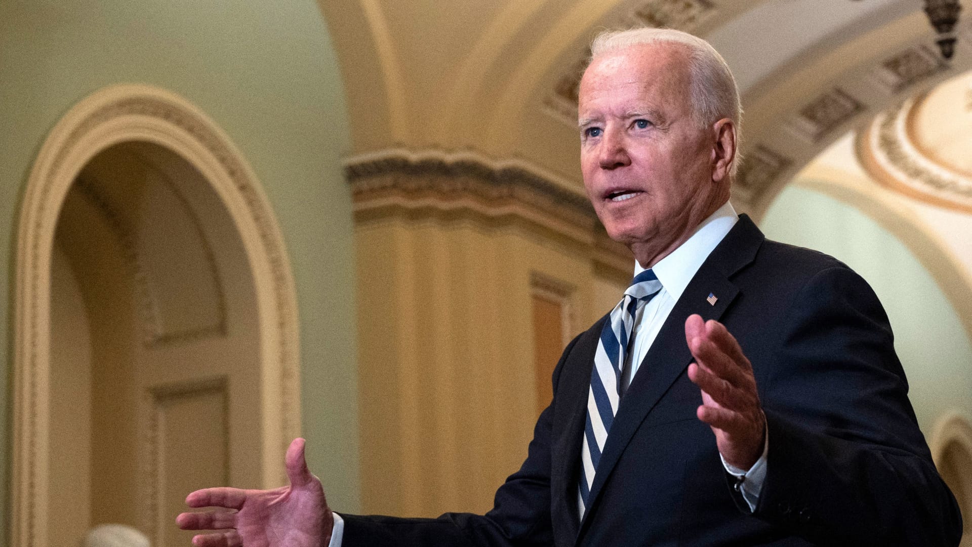 US President Joe Biden speaks to the press after meeting with the Senate Democratic caucus to build support for his infrastructure and economic investment goals during the Democratic luncheon at the US Capitol on July 13, 2021 in Washington, DC, July 14, 2021.