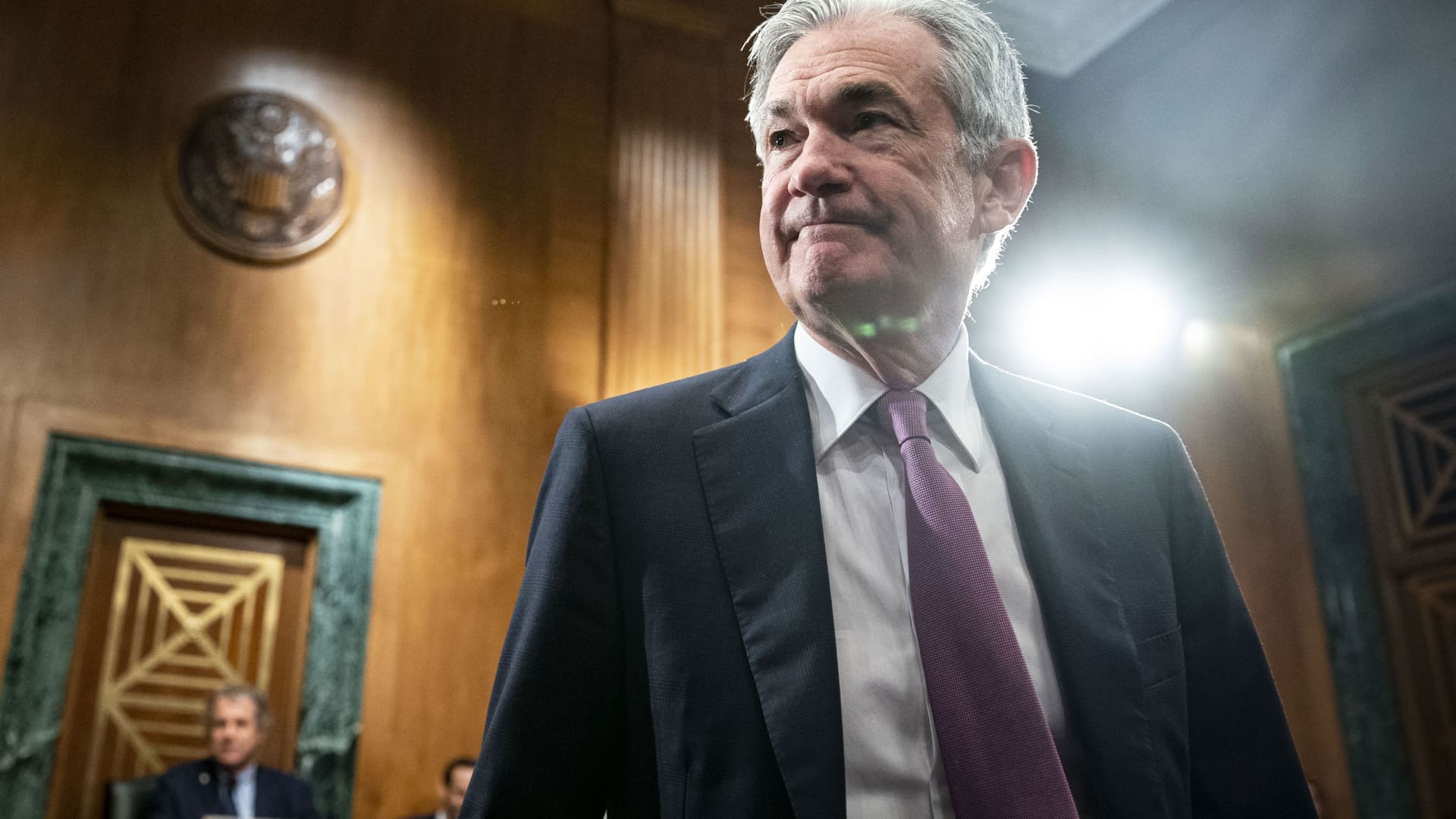 Jerome Powell, chairman of the U.S. Federal Reserve, arrives for a Senate Banking Committee hearing in Washington, D.C., on Thursday, July 15, 2021.