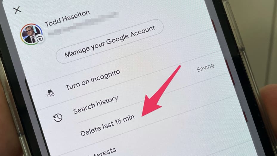 Delete last 15 minutes of Google history on iPhone