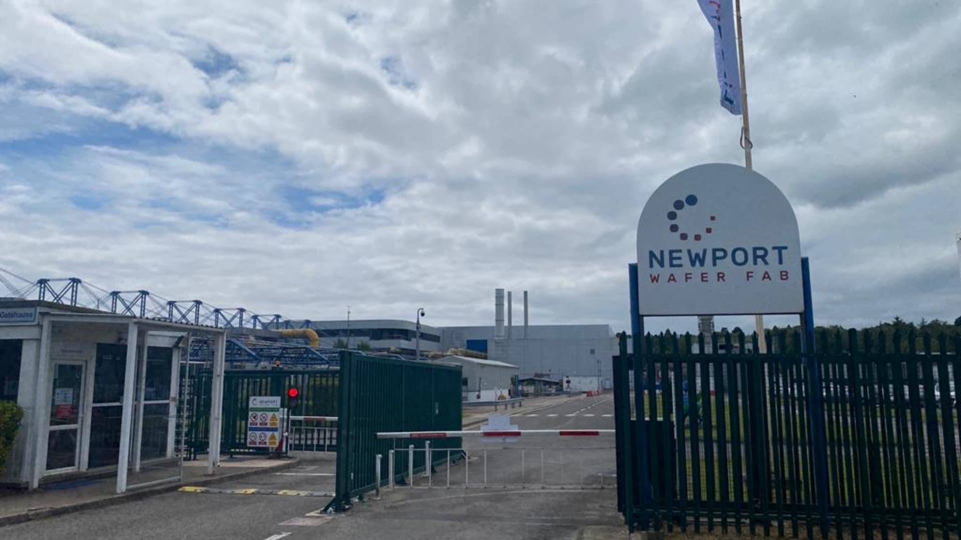 The entrance to Newport Wafer Fab's manufacturing facility in Newport, Wales.