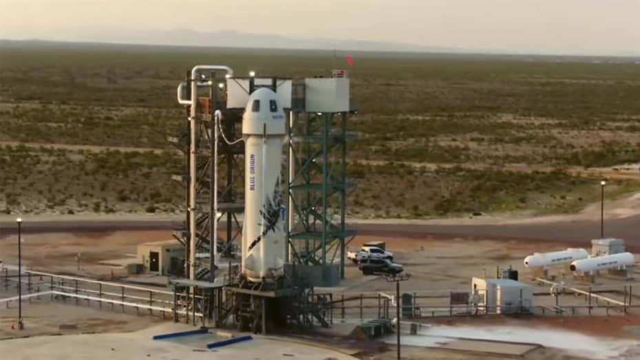 This photo provided by Blue Origin, Blue Origin's New Shepard rocket sits on a spaceport launch pad near Van Horn, Texas, Tuesday, July 20, 2021.