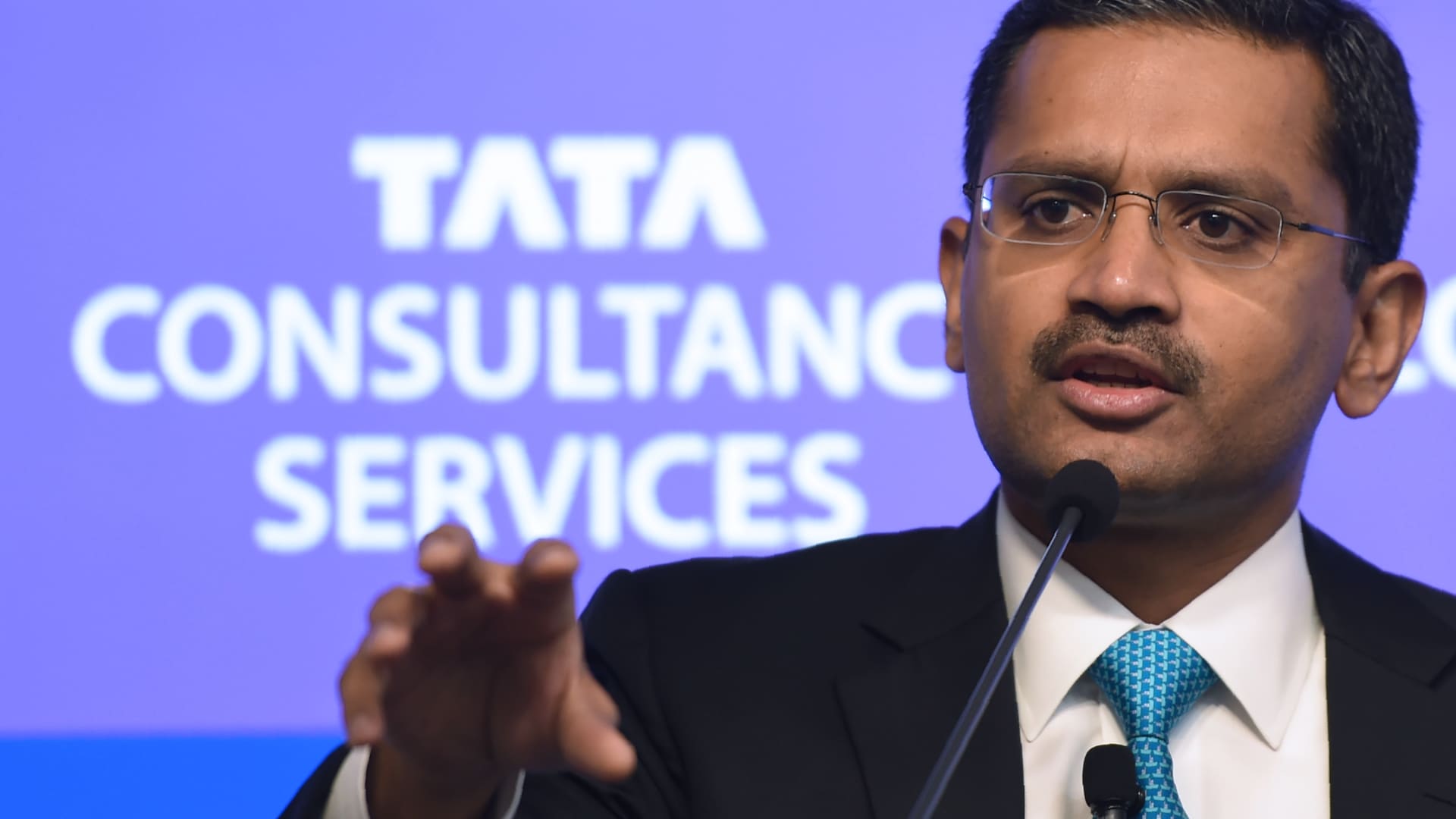 India's Tata Consultancy Services (TCS) CEO and Managing Director Rajesh Gopinathan speaks during a news conference after the announcement of the financial results of the company in Mumbai on April 19, 2018.