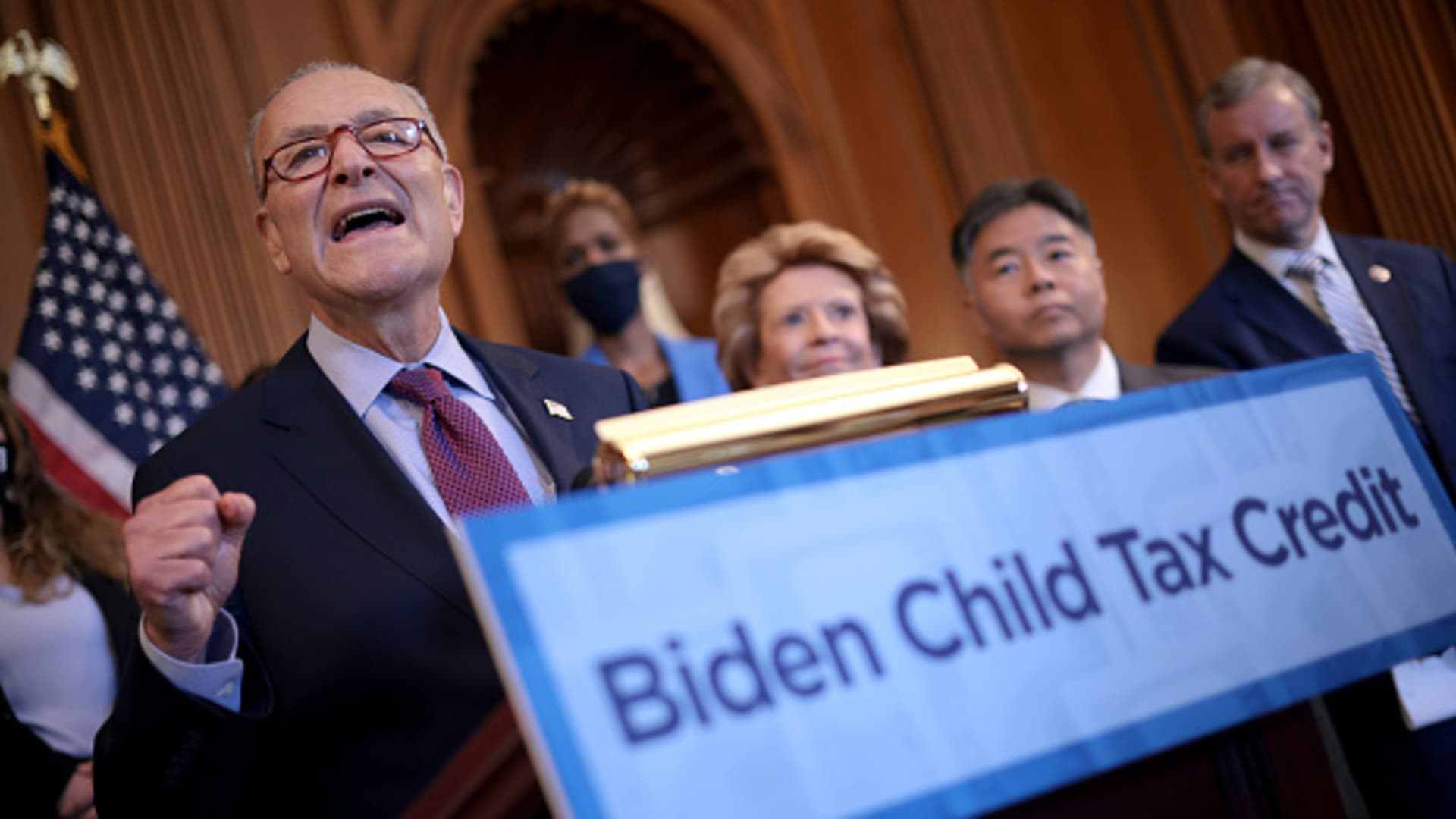 Senate Majority Leader Chuck Schumer (D-NY) speaks during a news conference on families helped by the Child Tax Credit at the U.S. Capitol July 20, 2021 in Washington, DC.