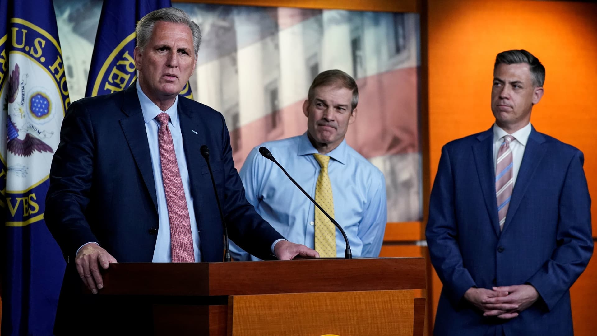 U.S. House Minority Leader Kevin McCarthy (R-CA) announces the withdrawal of his nominees to serve on the special committee probing the Jan. 6 attack on the Capitol, as two of the Republican nominees, Reps' Jim Jordan (R-OH) and Jim Banks (R-IN), standby during a news conference on Capitol Hill in Washington, July 21, 2021.