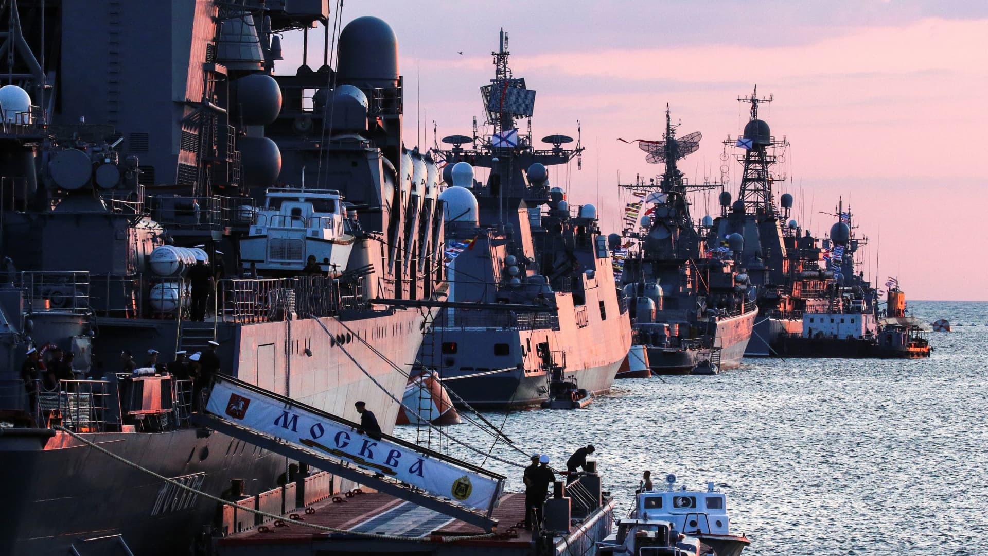 Russian warships are seen ahead of the Navy Day parade in the Black Sea port of Sevastopol, Crimea July 23, 2021.