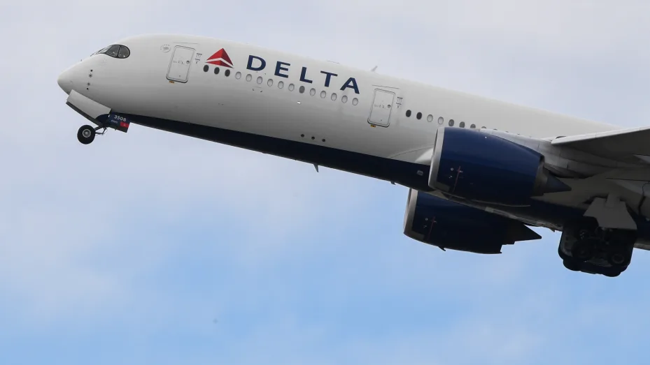 A Delta Airlines Airbus A-350 aircraft, flight number DL40 bound for Los Angeles takes off from Kingsford Smith International Airport on July 26, 2021 in Sydney, Australia.