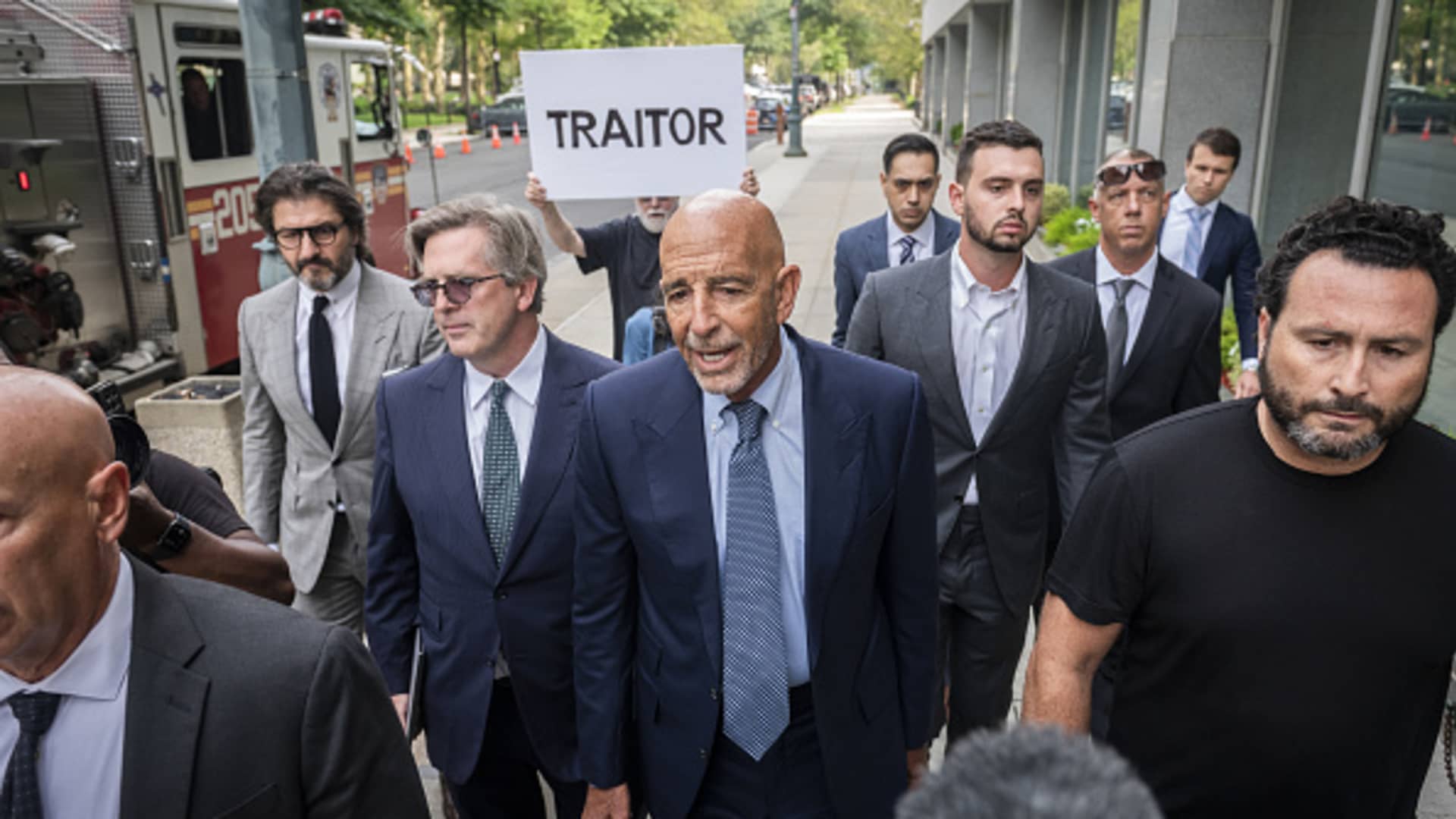 Tom Barrack Jr., founder of Colony Capital Inc., center, arrives at criminal court in New York, U.S., on Monday, July 26, 2021.