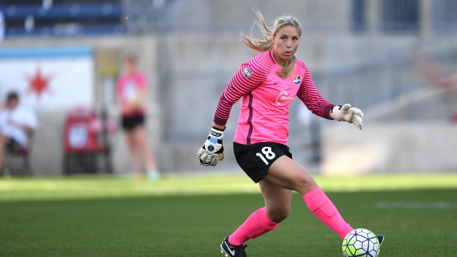 Sky Blue FC goalkeeper Caroline Stanley (18) controls the ball during a game between the Sky Blue FC and the Chicago Red Stars at Toyota Park in Chicago, IL.