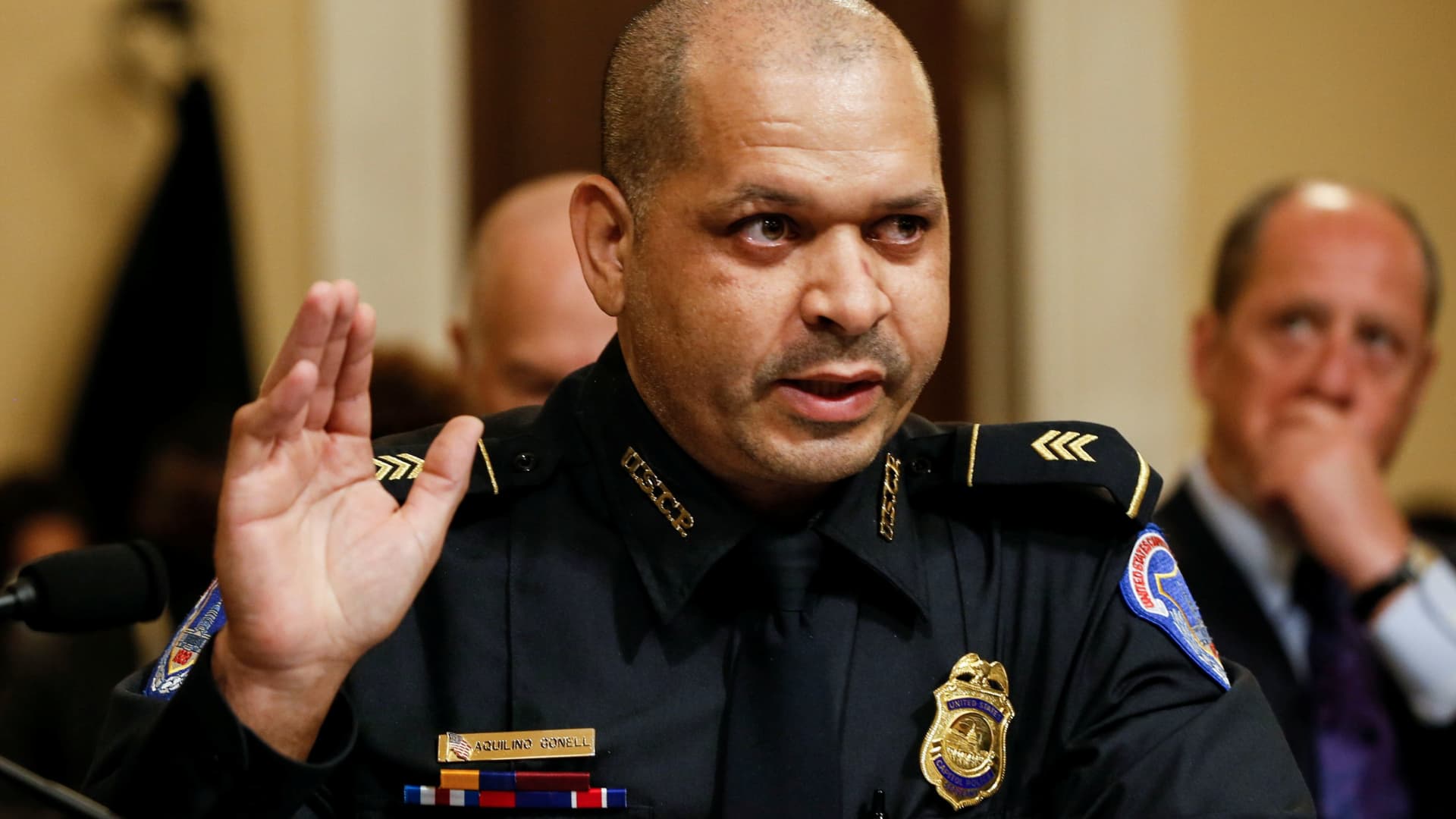 U.S. Capitol Police sergeant Aquilino Gonell Gonell speaks about how he has repeatedly taken an oath as an American citizen to protect the US constitution as he testifies during the opening hearing of the U.S. House (Select) Committee investigating the January 6 attack on the U.S. Capitol, on Capitol Hill in Washington, U.S., July 27, 2021. REUTERS/Jim Bourg/Pool