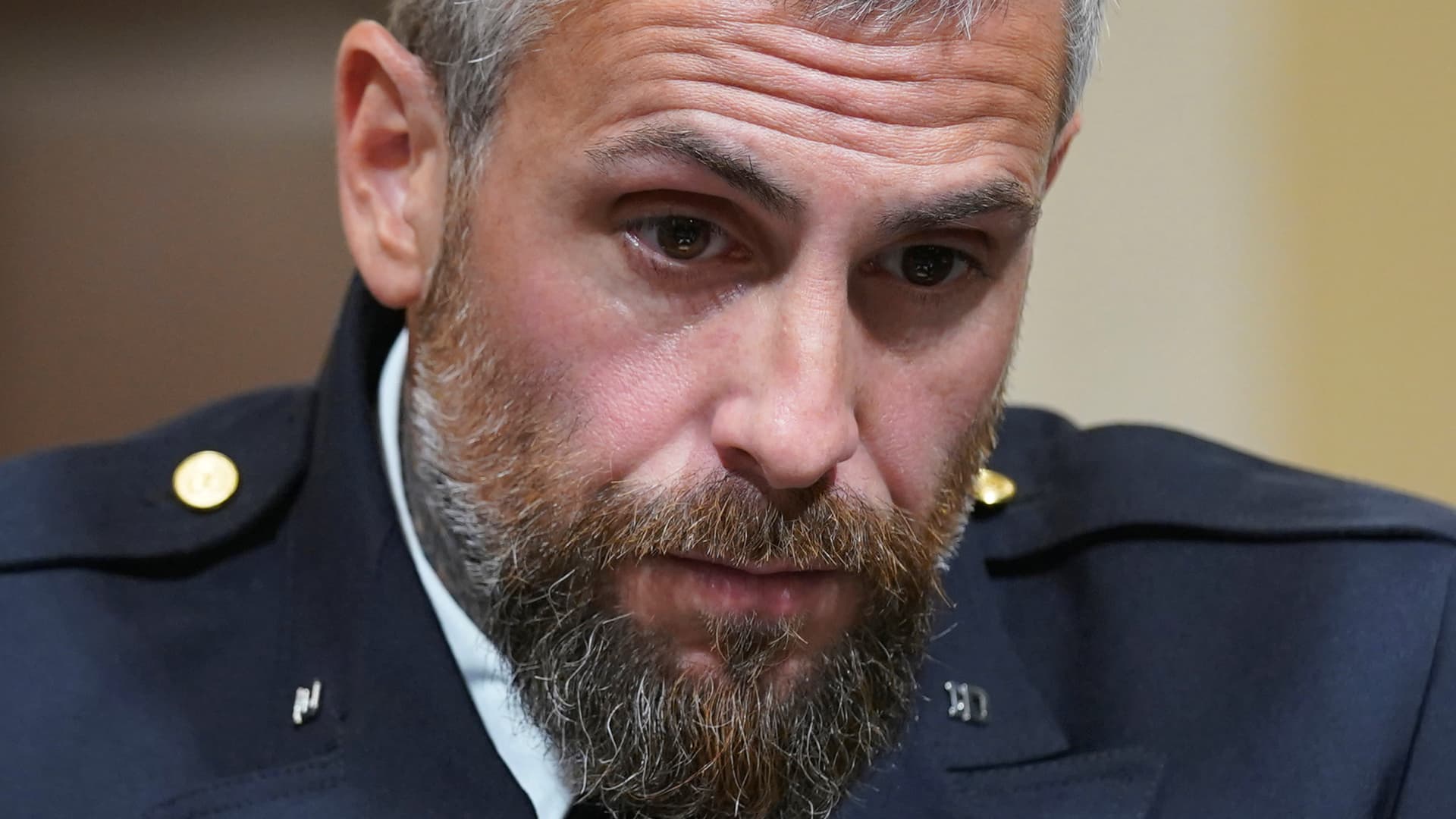 Washington Metropolitan Police Department officer Michael Fanone listens to testimony during the House select committee hearing on the Jan. 6 attack on Capitol Hill in Washington, U.S., July 27, 2021.
