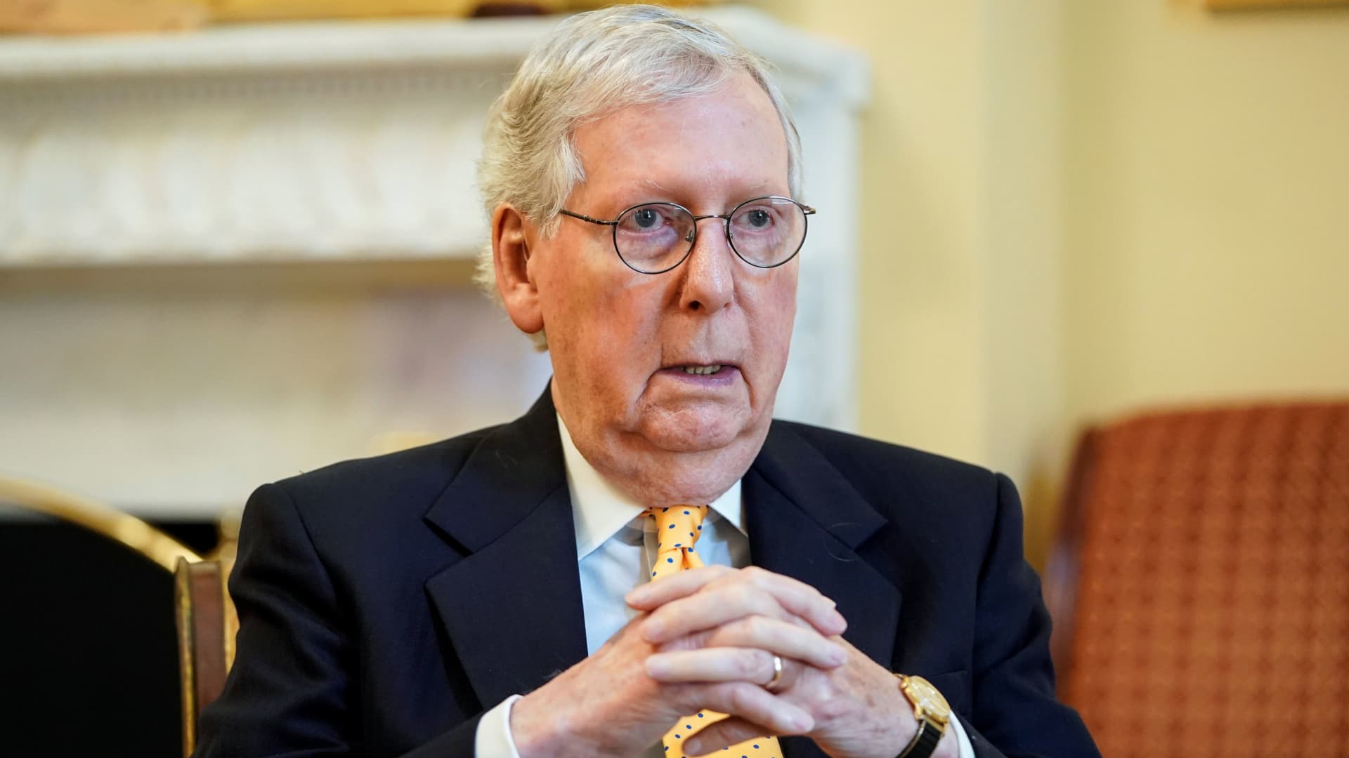 Senate Minority Leader Mitch McConnell (R-KY) speaks during an interview with Reuters on Capitol Hill in Washington, U.S., July 27, 2021.