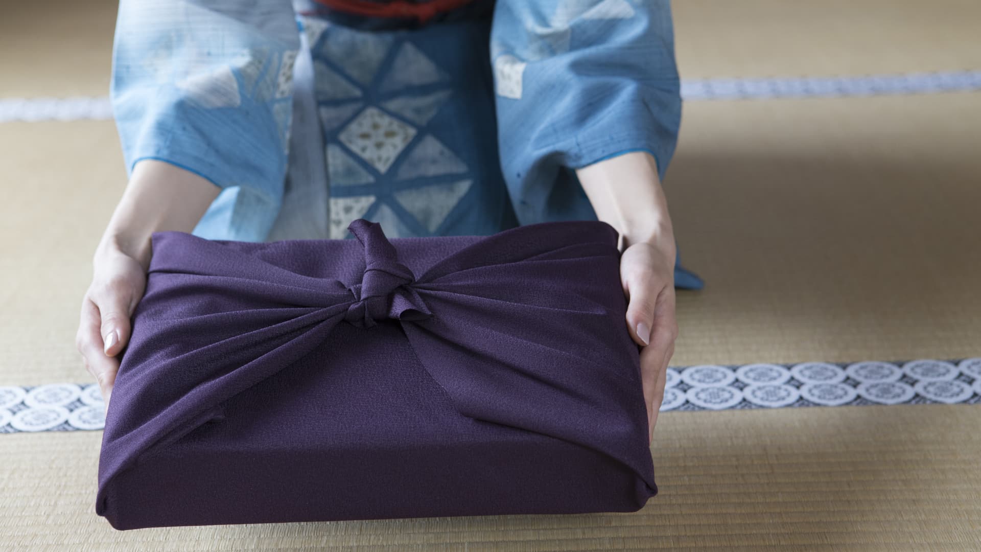 The Furoshiki cloth is commonly used to wrap presents, however unlike wrapping paper, the cloth is traditionally given back to the gift giver.