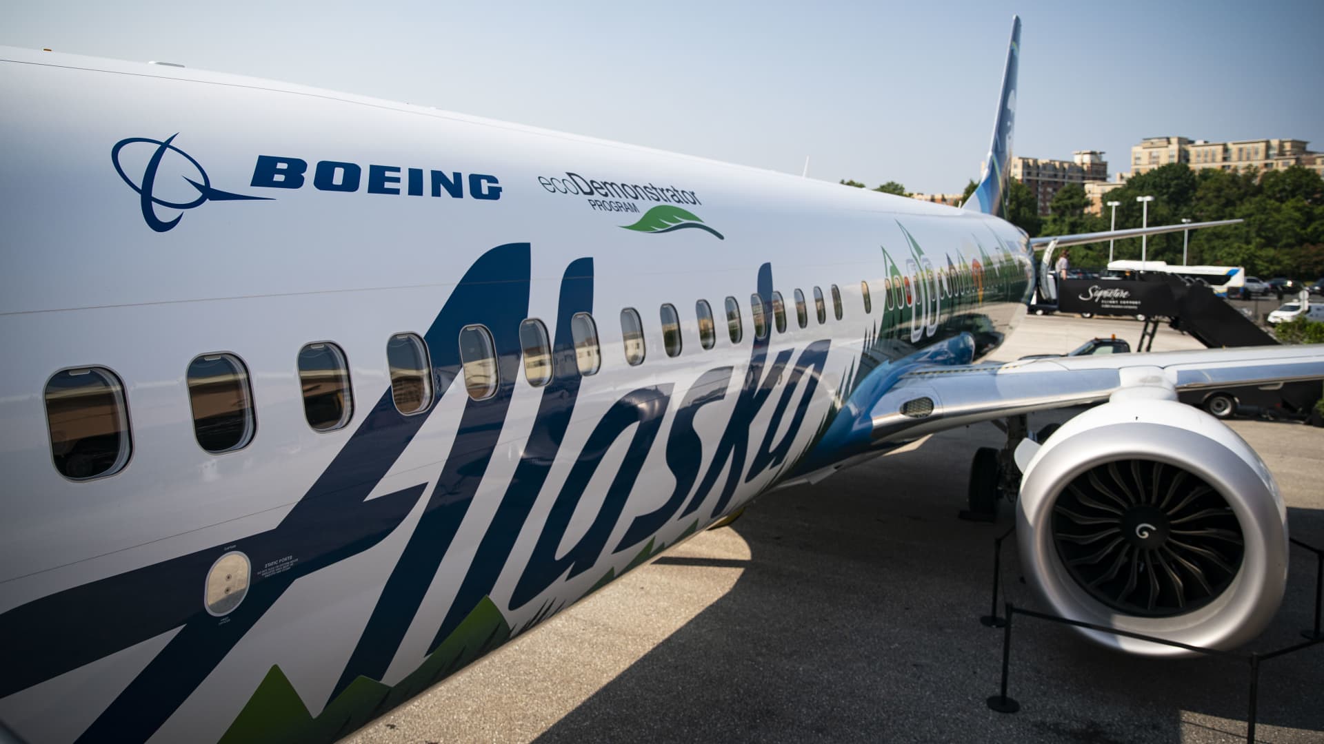 A Boeing Co. 737-9 aircraft during a Boeing Co. ecoDemonstrator program tour at Ronald Reagan National Airport (DCA) in Arlington, Virginia, U.S., on Wednesday, July 28, 2021.