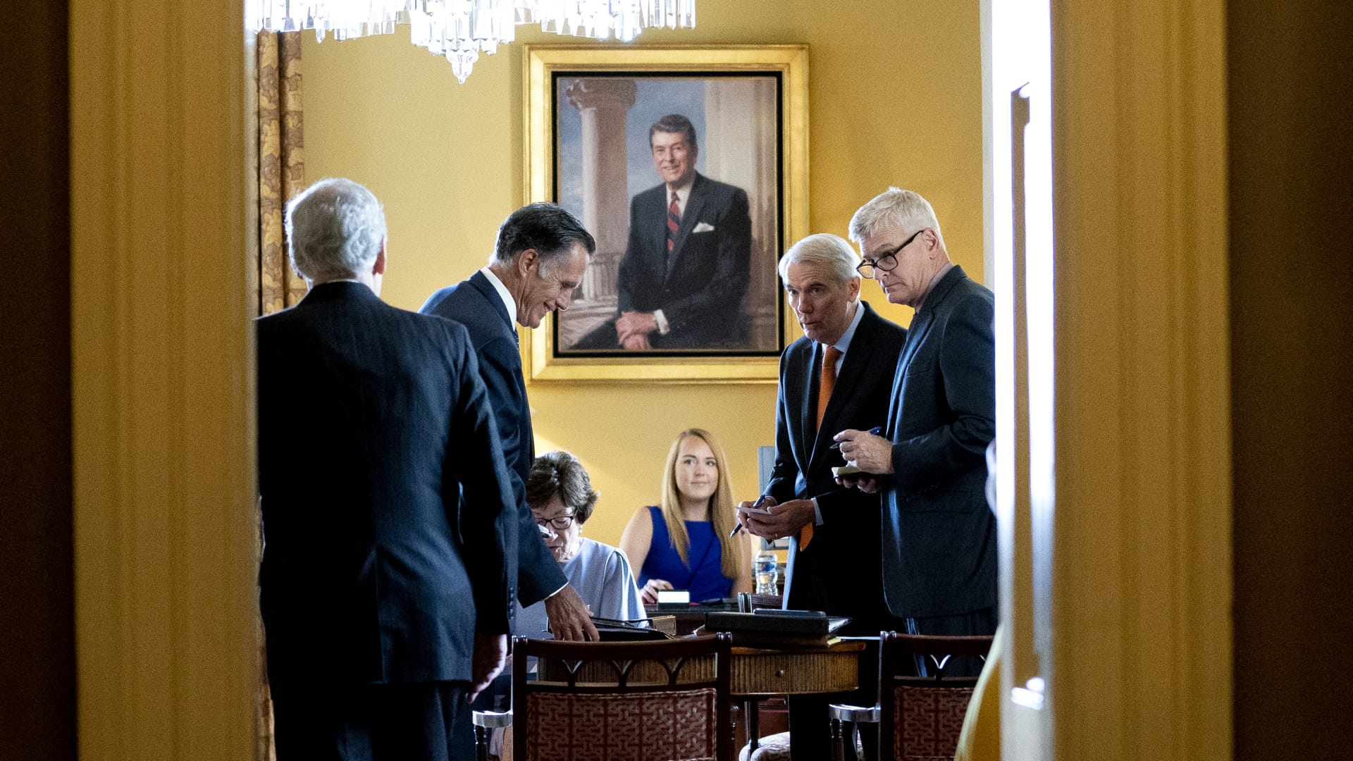 Senate Minority Leader Mitch McConnell meets with Senators Mitt Romney, Susan Collins, Rob Portman, Bill Cassidy and Lisa Murkowski gather in McConnell's office at the Capitol on Wednesday, July 28, 2021.