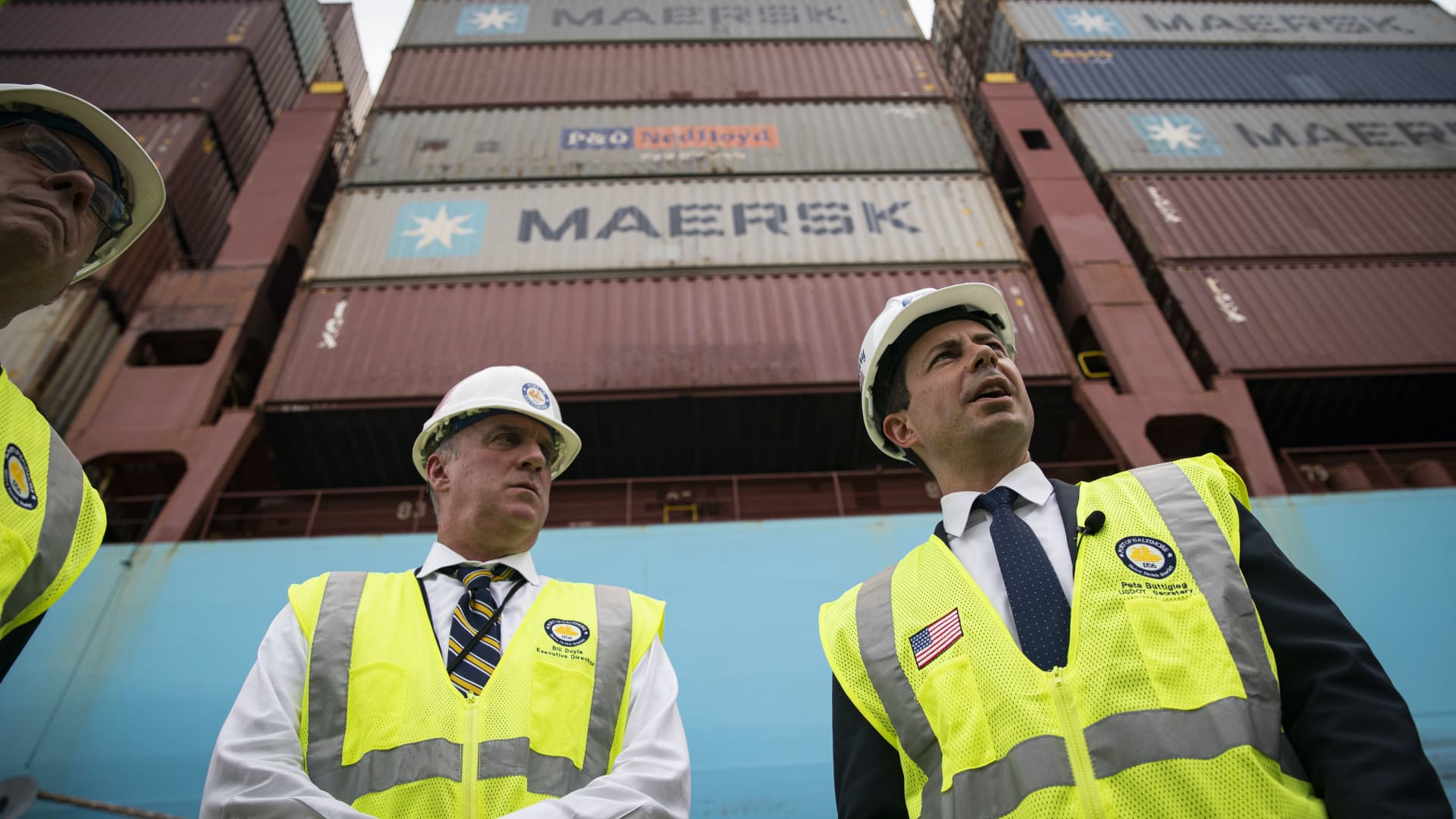 Pete Buttigieg, U.S. secretary of transportation, right, and Bill Doyle, executive director of the Maryland Port Administration, during a tour of the Seagirt marine terminal at the Port of Baltimore, Maryland, U.S., on Thursday, July 29, 2021.