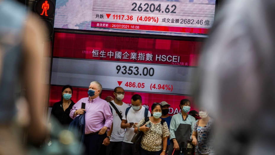 Personas de pie frente a una pantalla electrónica que muestra el índice Hang Seng en el distrito central de Hong Kong el 26 de julio de 2021, después de que las acciones se desplomaran cuando las empresas de matrícula se vieron afectadas por la decisión de China de reformar el sector de la educación privada mediante la prevención.
