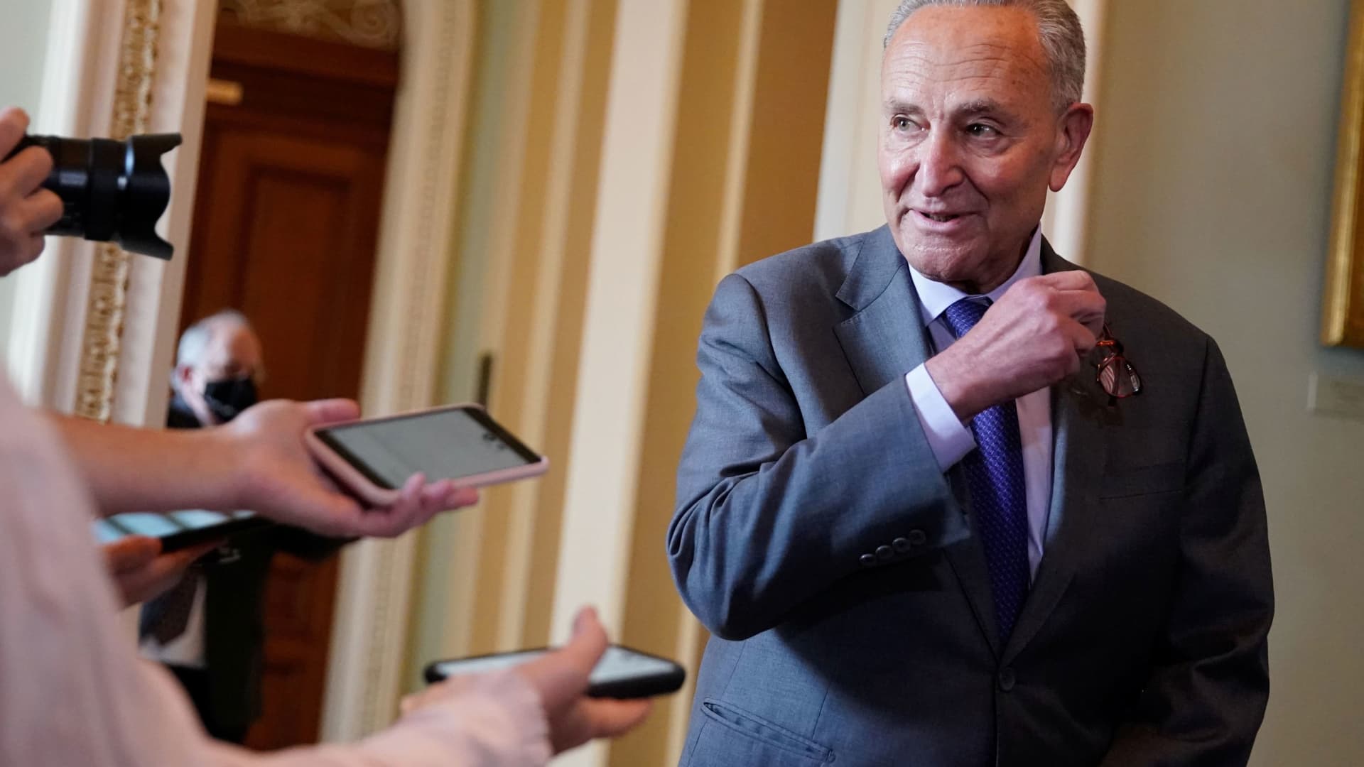 Senate Majority Leader Chuck Schumer (D-NY) speaks to reporters about the bipartisan infrastructure bill at the U.S. Capitol in Washington, July 28, 2021.