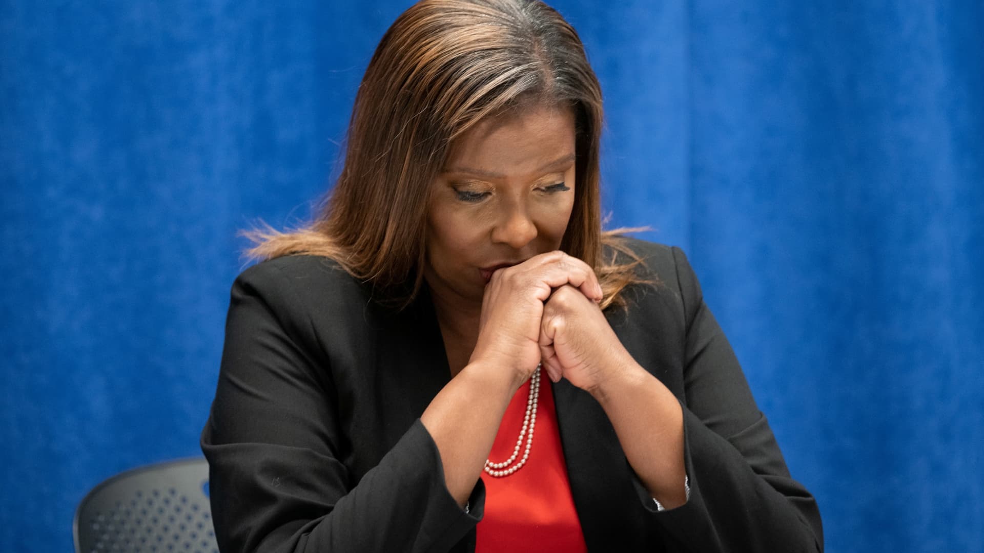New York State Attorney General, Letitia James, listens to independent investigators Joon H. Kim and Anne L. Clark (not pictured) during a news conference regarding a probe that found New York Governor Andrew Cuomo sexually harassed multiple women, in New York, August 3, 2021.