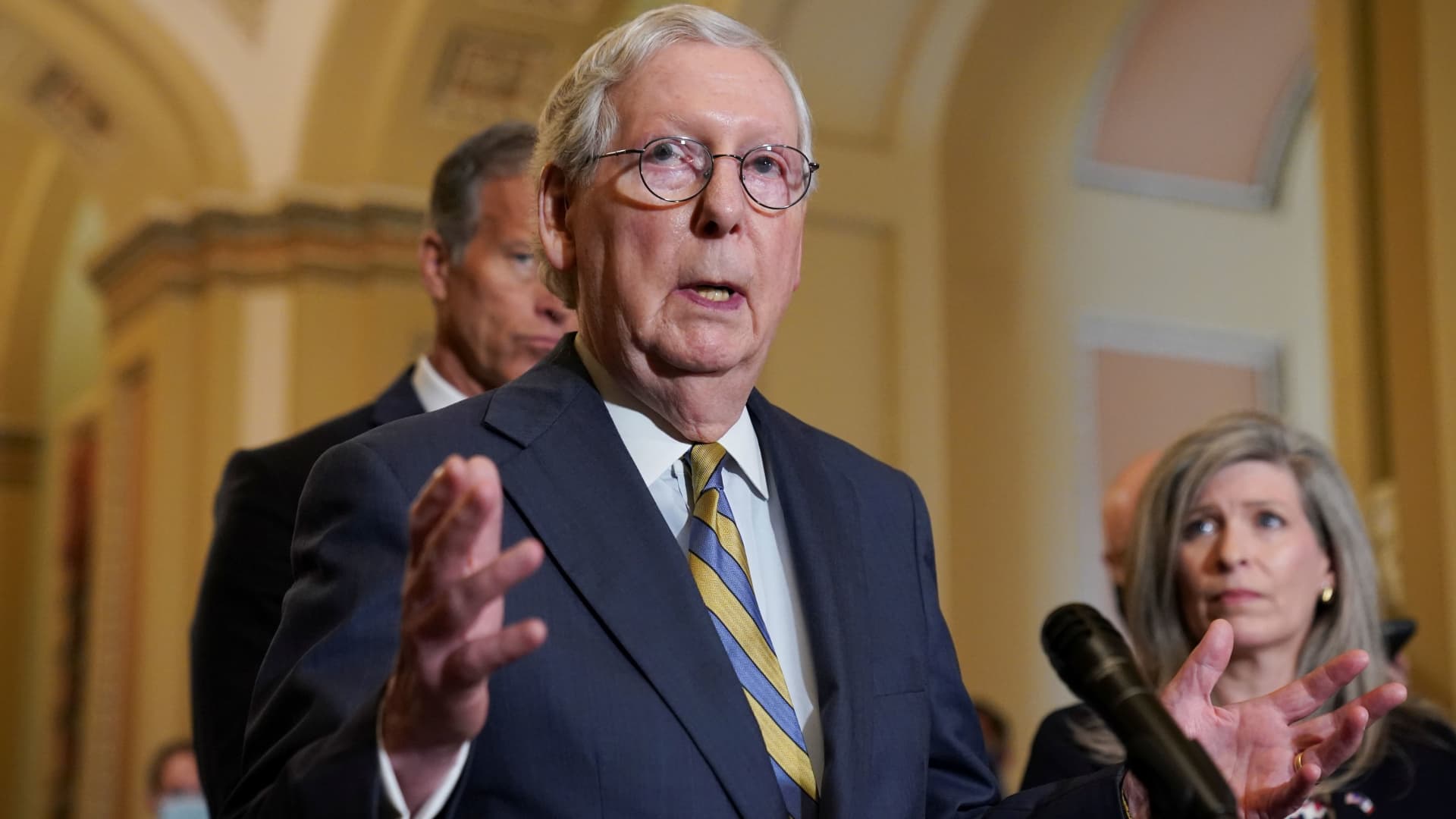 U.S. Senate Minority Leader Mitch McConnell speaks with reporters at the U.S. Capitol in Washington, August 3, 2021.