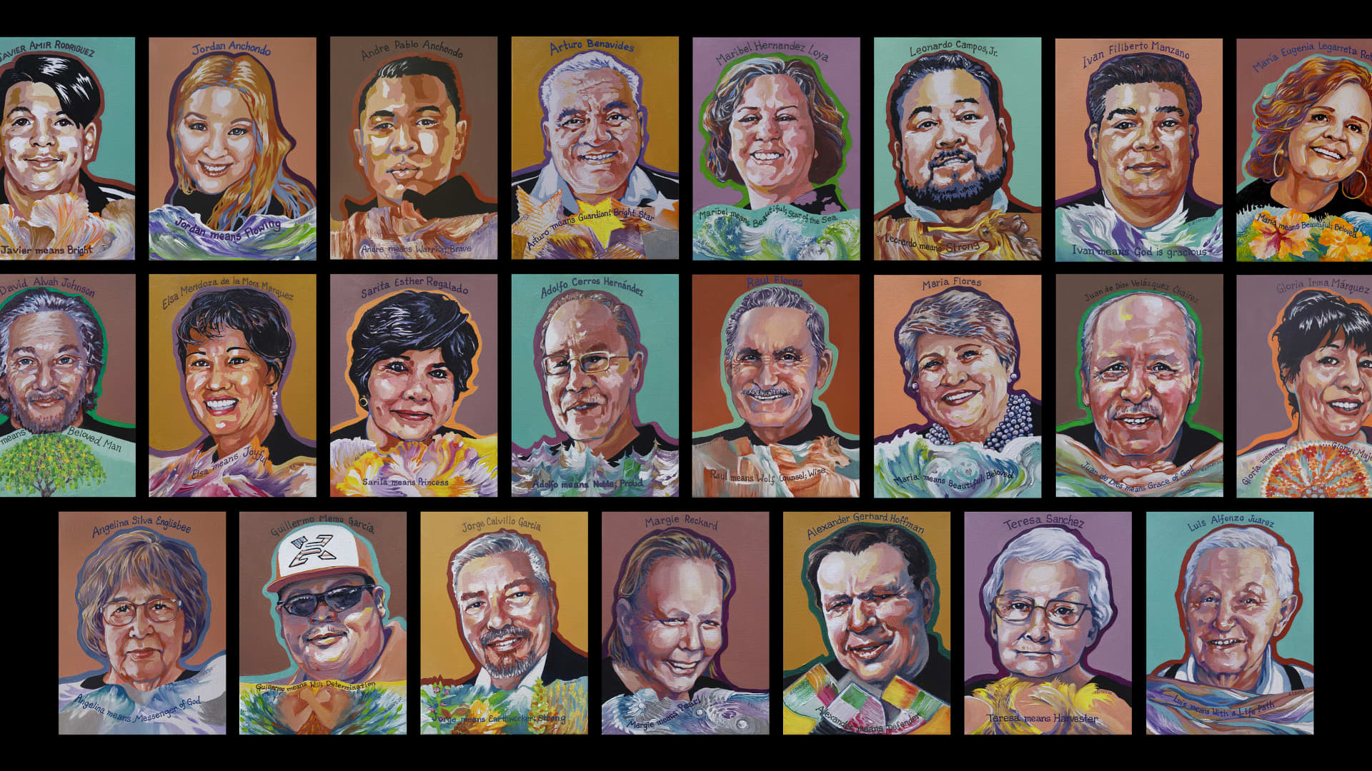 Portrait by Ellen Elmes of the victims of the 2019 mass shooting in El Paso, Texas.