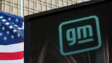 The GM logo is seen on the facade of the General Motors headquarters in Detroit on March 16, 2021.