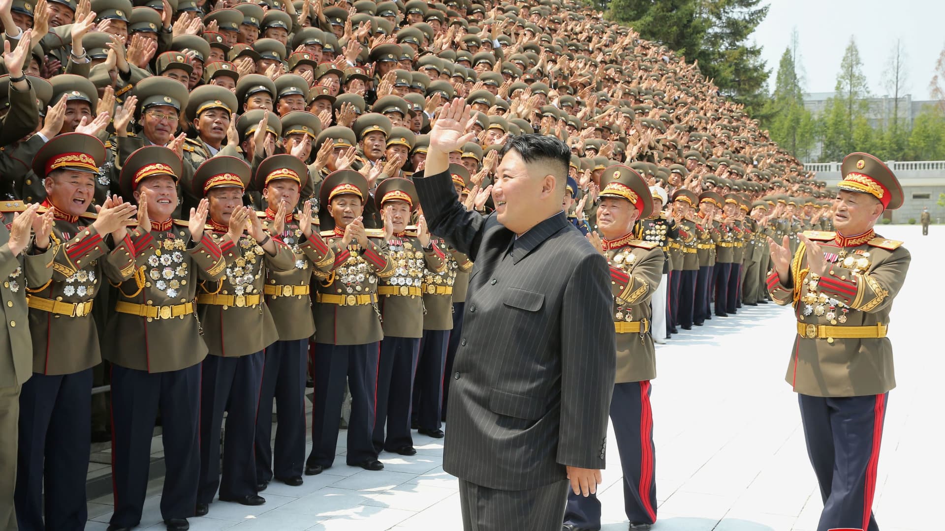 North Korean leader Kim Jong Un greets participants of the first workshop of the commanders and political officers of the Korean People's Army in Pyongyang, North Korea, in 2021.