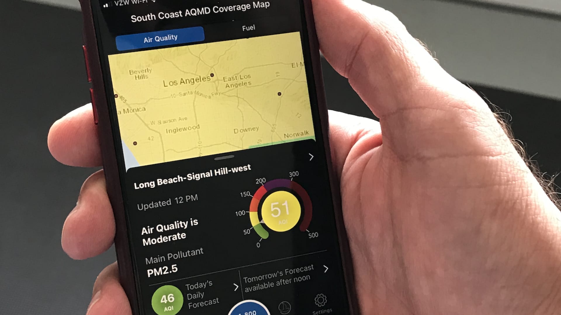 The South Coast AQMD app shows air pollution levels in Greater Los Angeles.