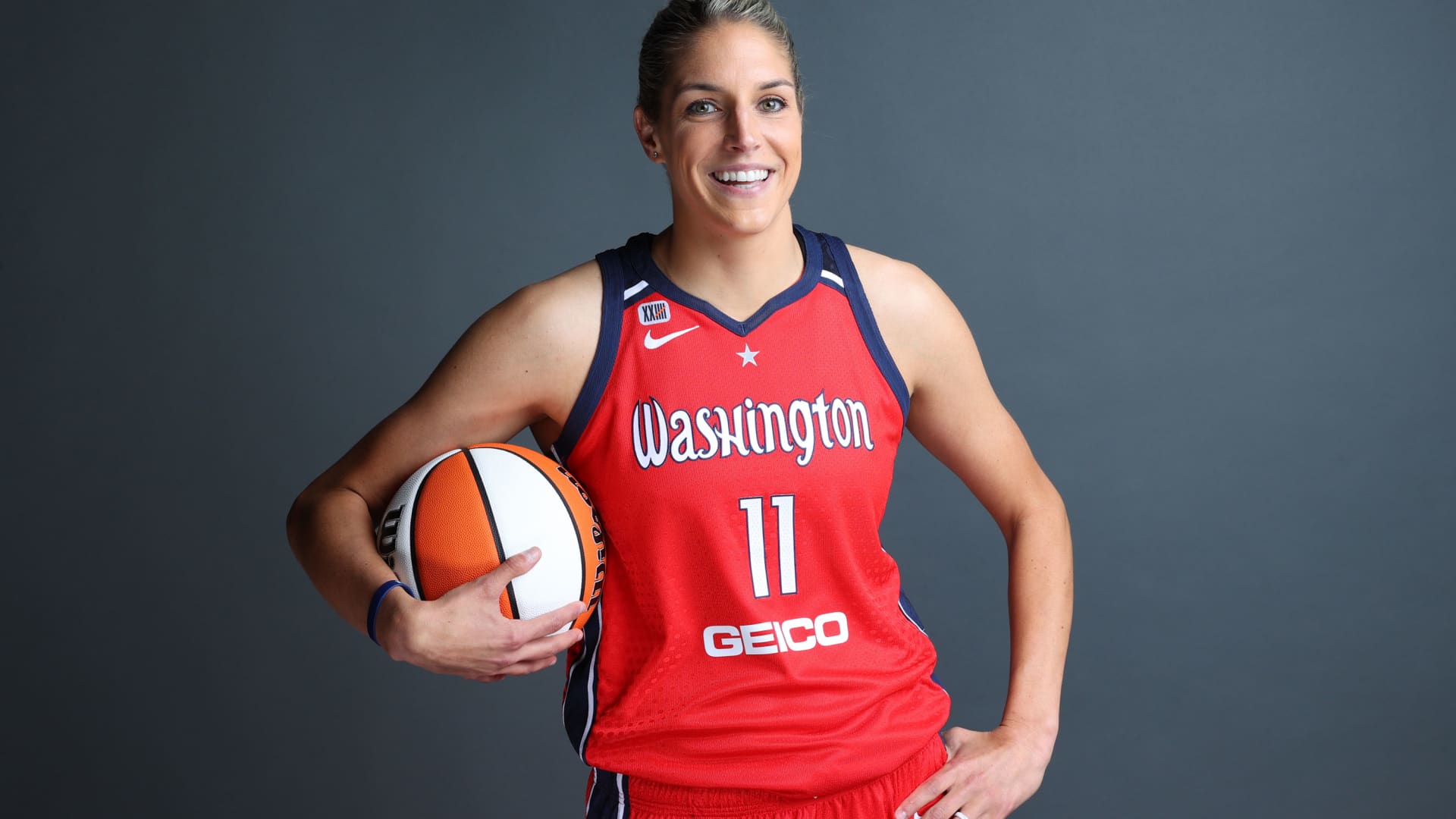 Elena Delle Donne #11 of the Washington Mystics poses for a portrait during 2021 WNBA Media Day at the Entertainment and Sports Arena in St. Elizabeth's on April 26, 2021 in Washington, DC.
