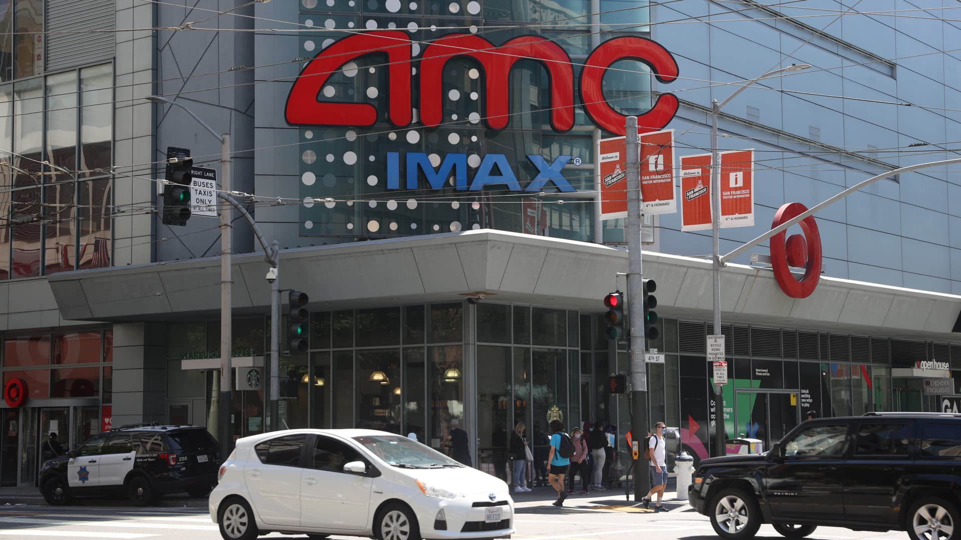 Cars drive by the AMC Metreon 16 theaters on August 10, 2021 in San Francisco, California.