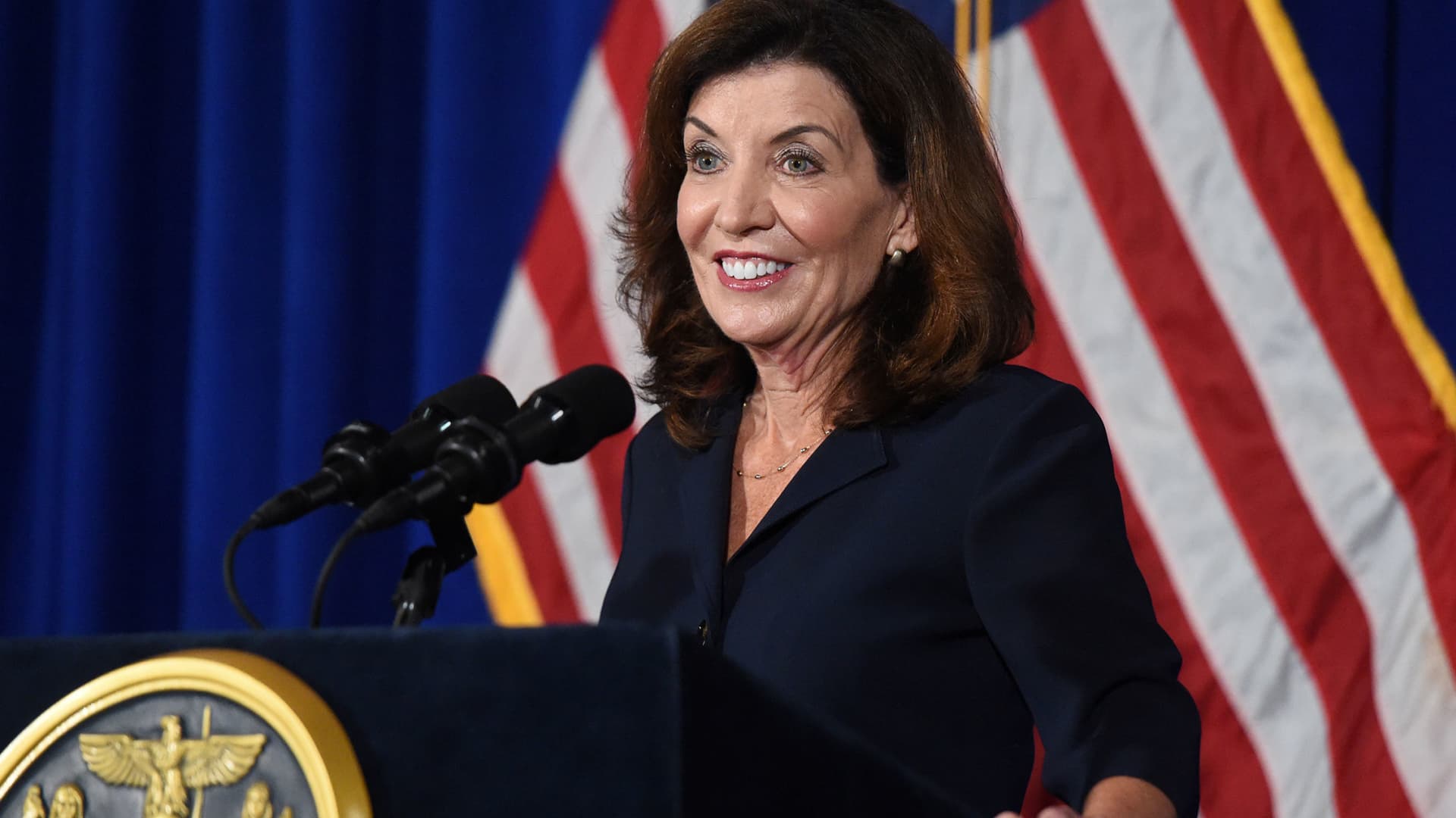 New York Lieutenant Governor Kathy Hochul speaks during a news conference the day after Governor Andrew Cuomo announced his resignation at the New York State Capitol, in Albany, New York, August 11, 2021.