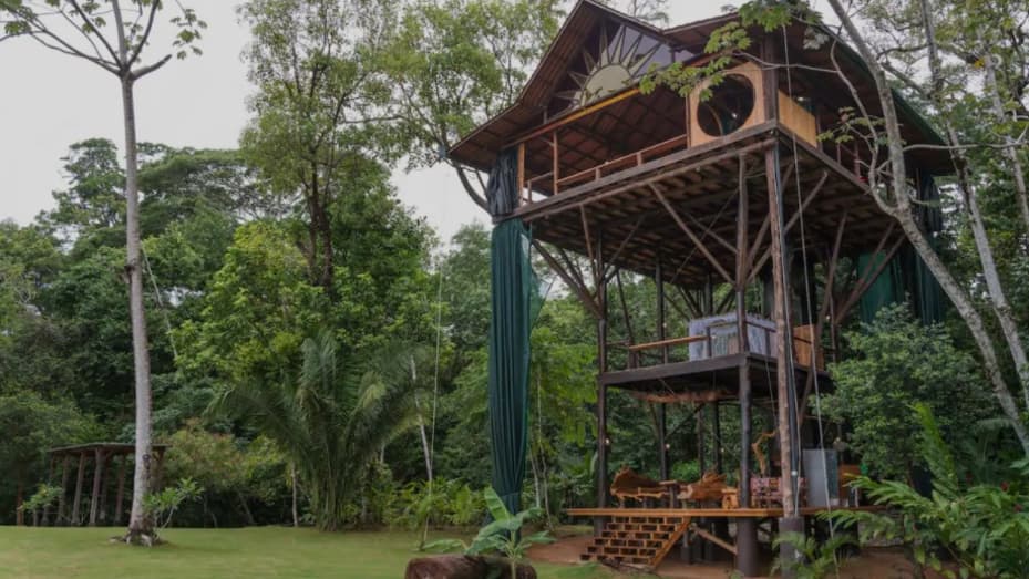 The Punta Jaguar treehouse has three open-design elevated levels, plus a ground-level bungalow.