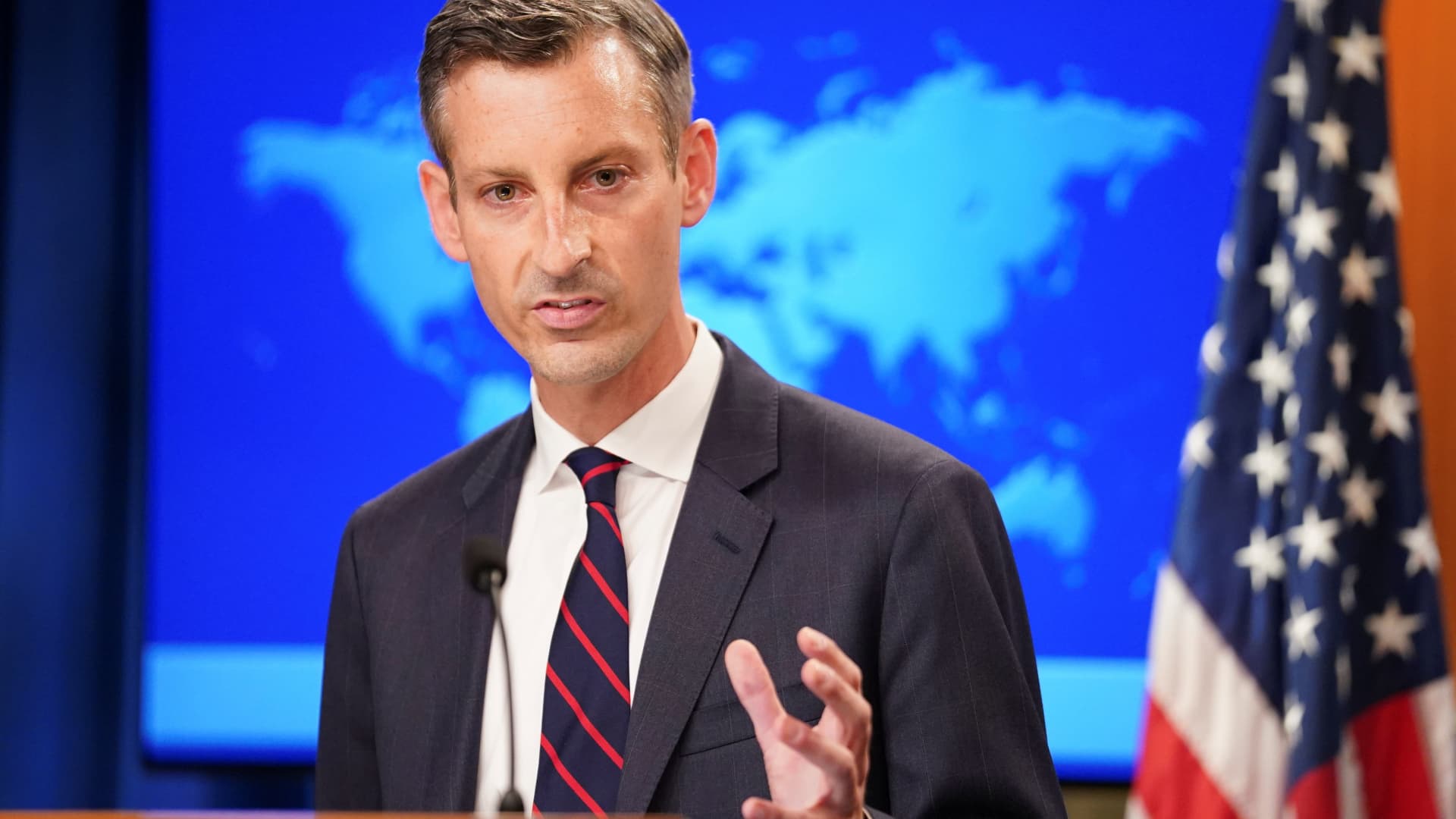 U.S. State Department spokesman Ned Price holds a press briefing on Afghanistan at the State Department in Washington, August 16, 2021.