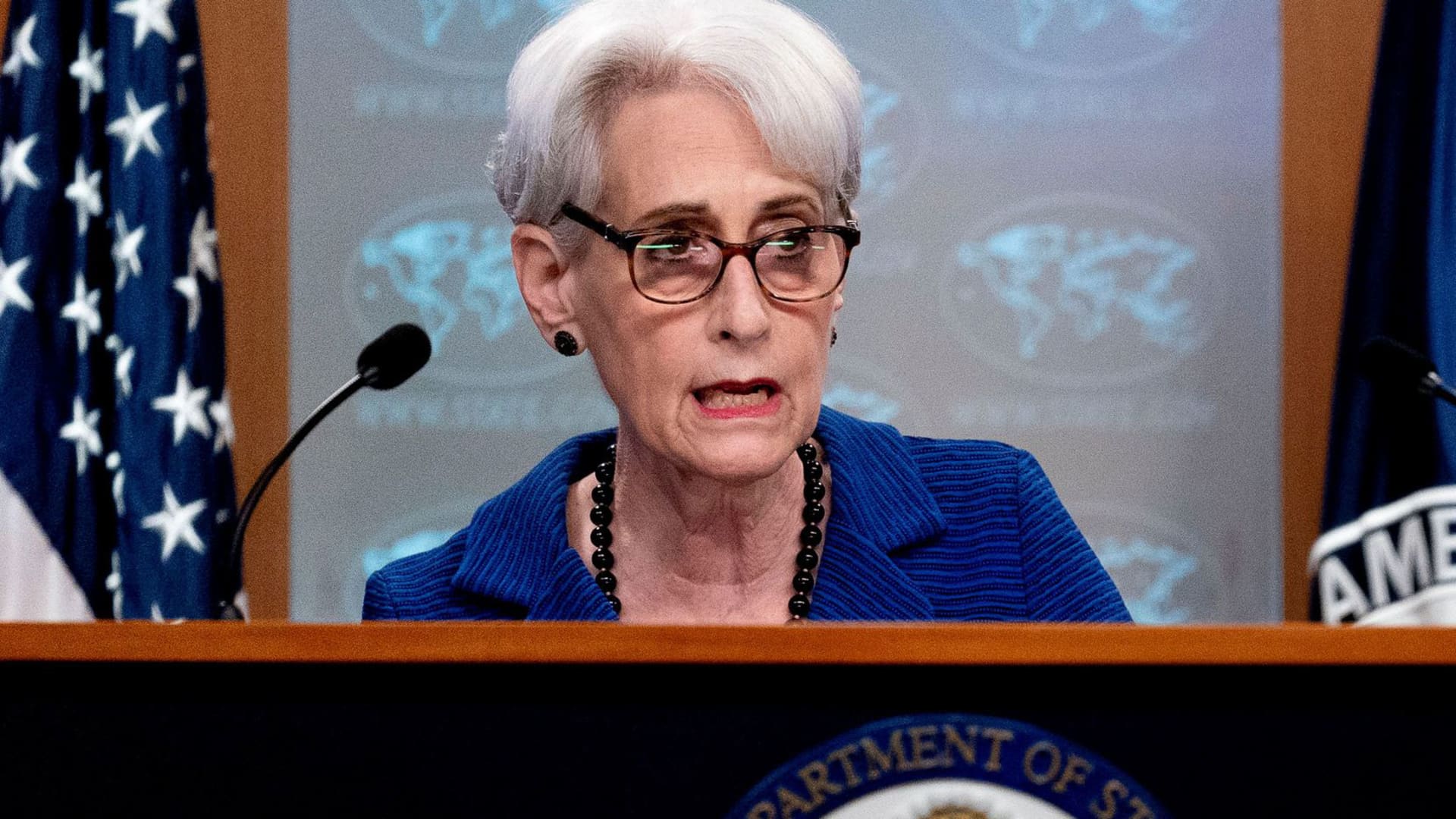 Deputy Secretary of State Wendy Sherman speaks on the situation in Afghanistan at the State Department in Washington, DC, August 18, 2021.