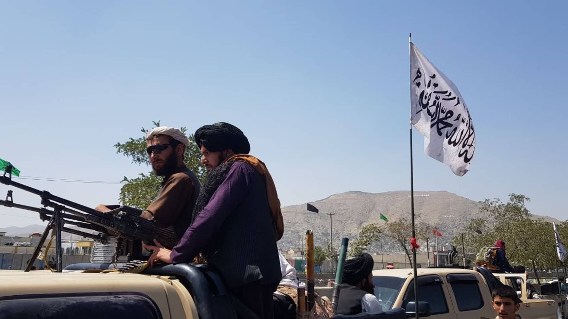 Taliban members patrol the streets of Afghan capital Kabul on August 16, 2021, as the Taliban takes control of Afghanistan after President Ashraf Ghani fled the country.