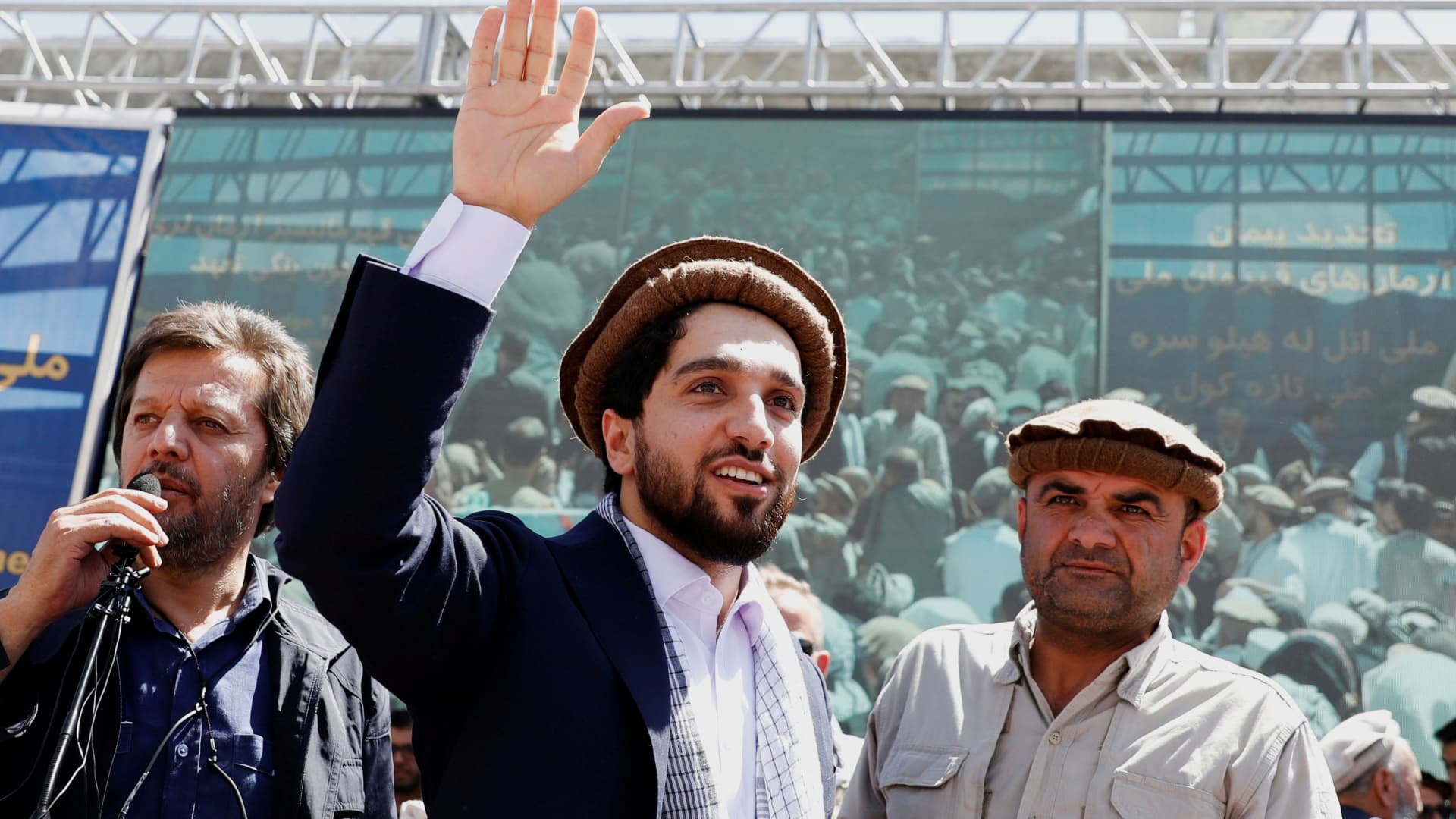 Ahmad Massoud, son of Afghanistan's slain anti-Soviet resistance hero Ahmad Shah Massoud, waves as he arrives to attend a gathering in Bazarak, Panjshir province, Afghanistan, September 5, 2019.