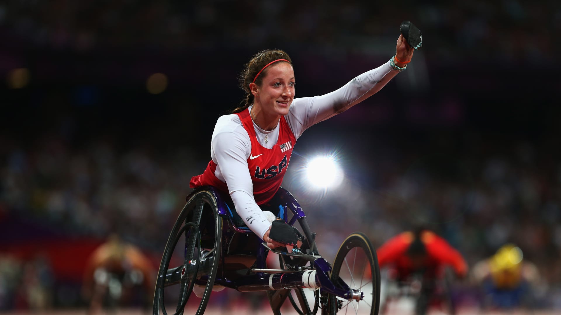 Tatyana Mcfadden of the United States wins gold in the Women's 400m - T54 Final on day 5 of the London 2012 Paralympic Games at Olympic Stadium on September 3, 2012 in London, England. (Photo by Michael Steele/Getty Images)