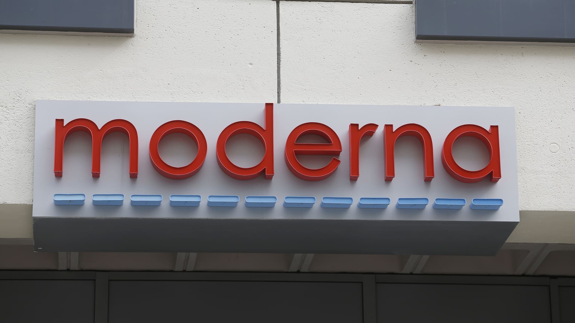 Moderna's sign is seen outside of their headquarters in Cambridge, MA on March 11, 2021.