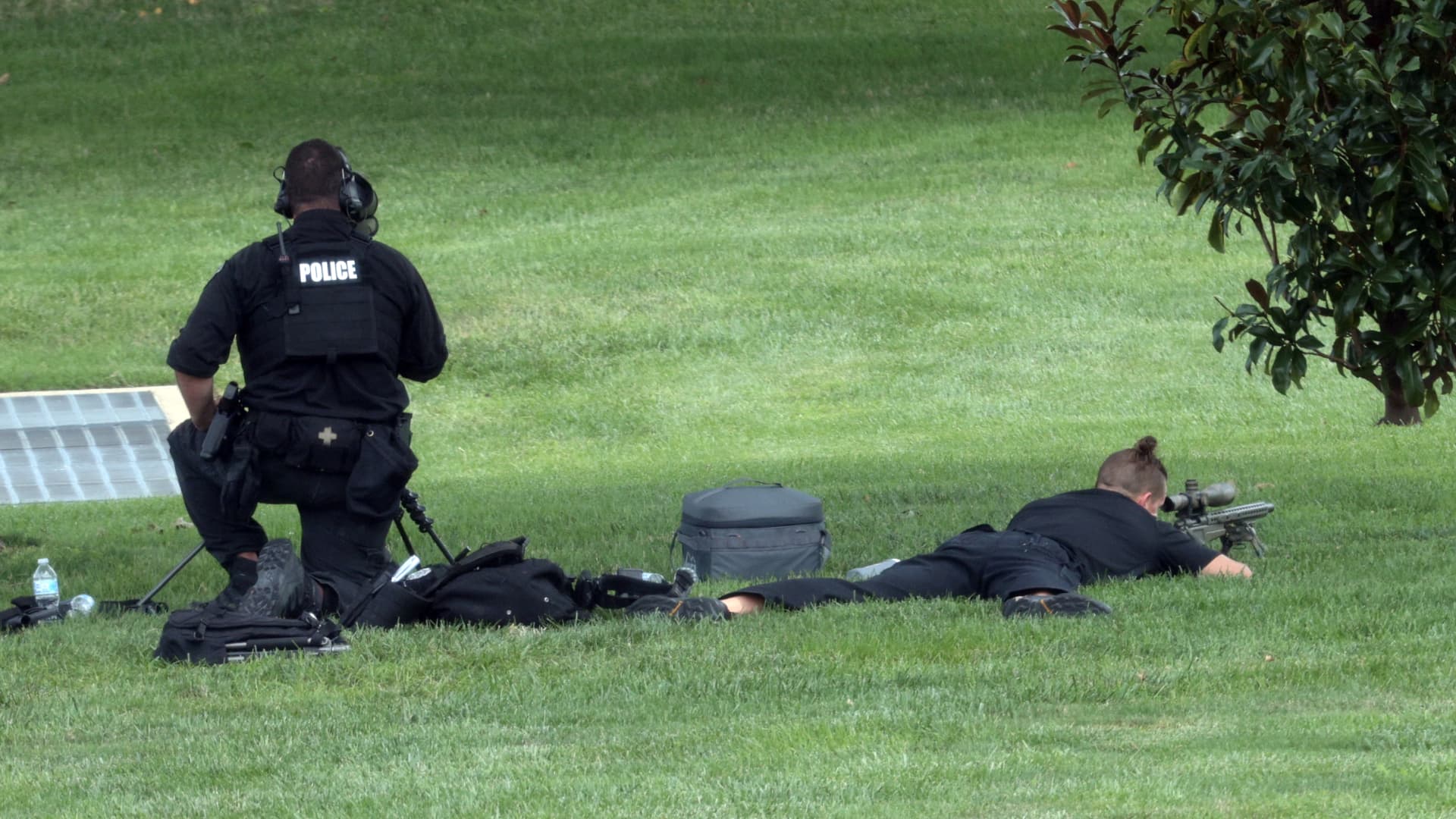 A police sniper team remains in position near the Library of Congress on Capitol Hill August 19, 2021 in Washington, DC.