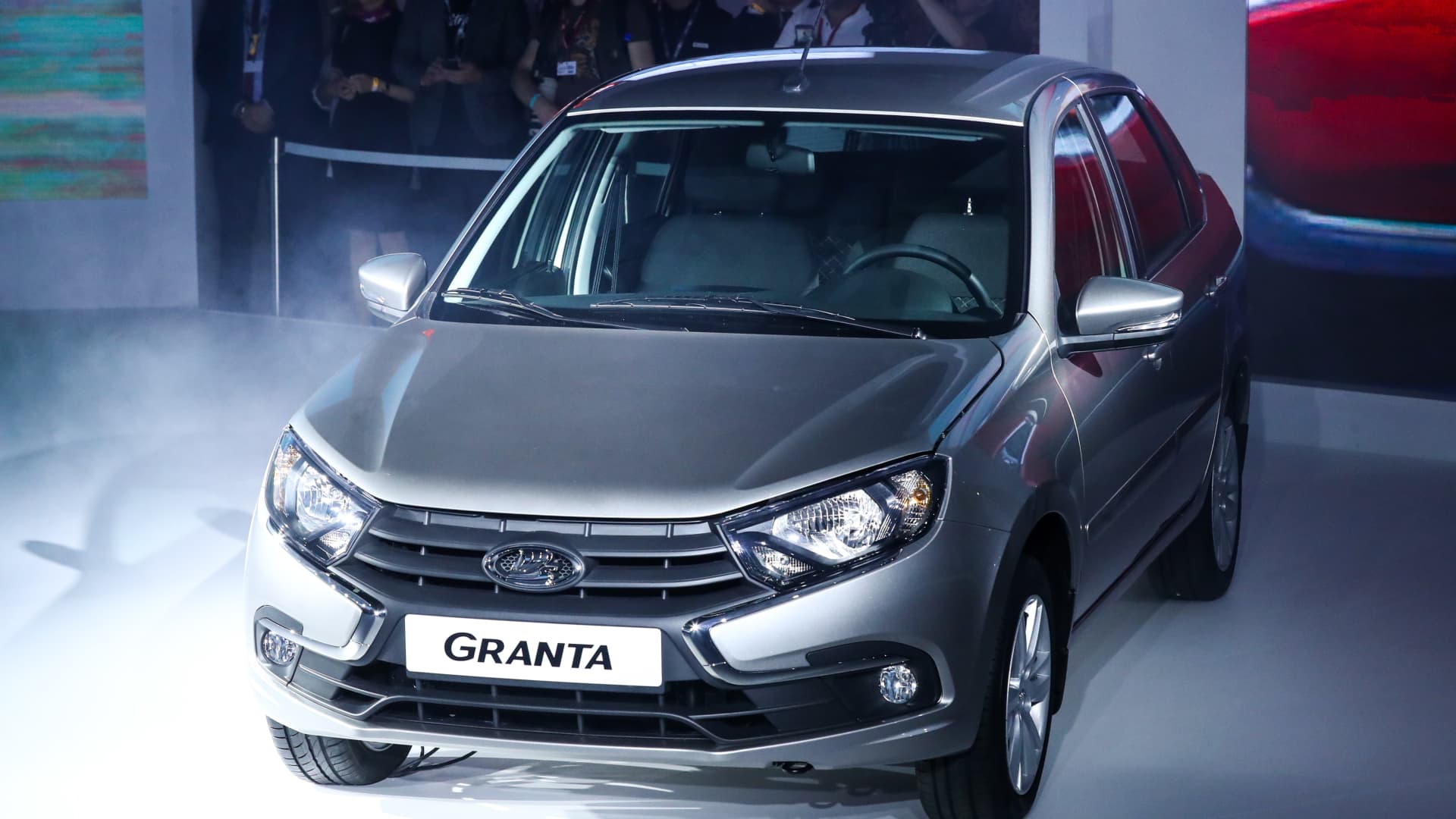 A Lada Granta car during the unveiling of new cars of the Lada Granta X-style series, Vesta Cross, XRAY Cross and Vesta Sport, at the 2018 Moscow International Motor Show at the Crocus Expo exhibition center.