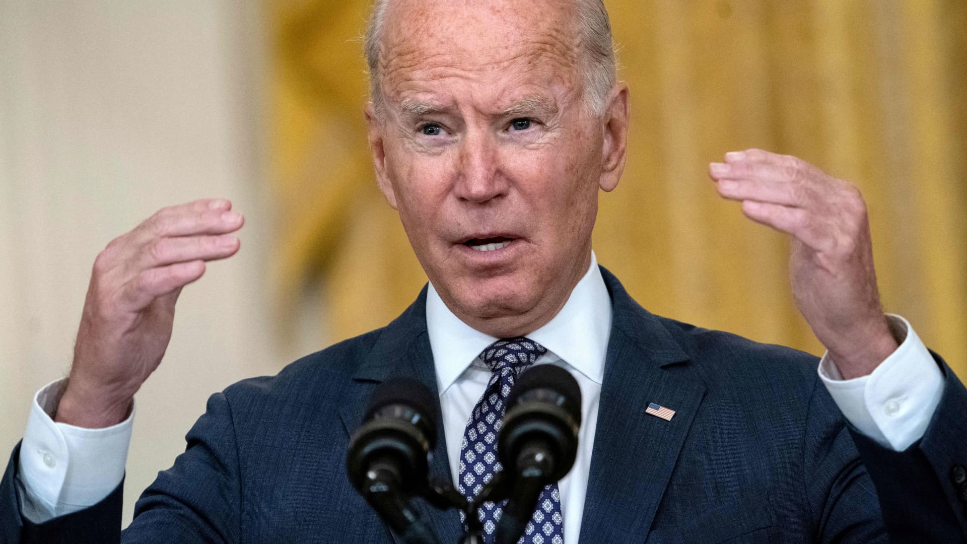 US President Joe Biden responds to questions about the ongoing US military evacuations of US citizens and vulnerable Afghans, in the East Room of the White House in Washington, DC, on August 20, 2021.