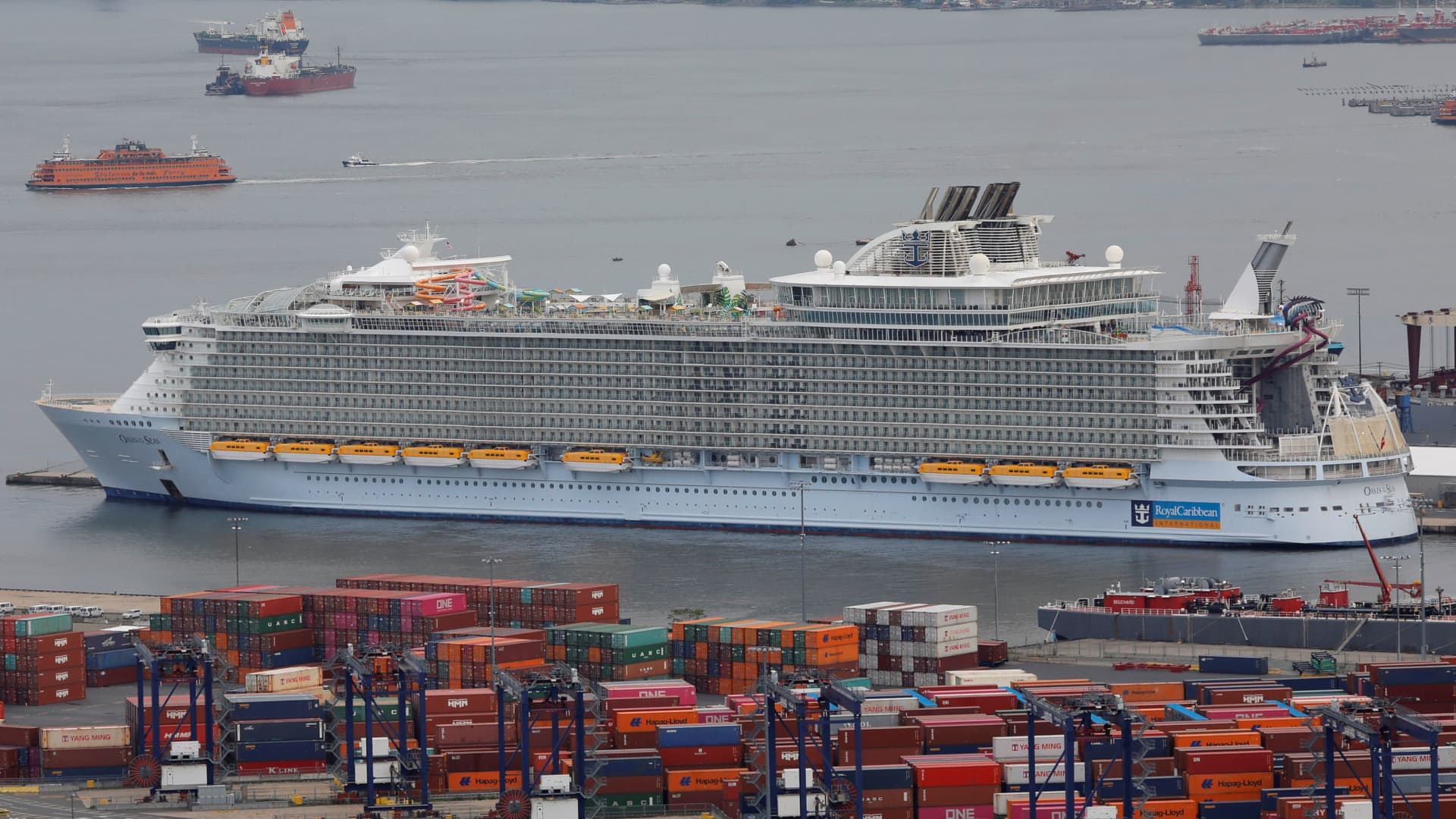 A Royal Caribbean Cruises ship is seen docked in Bayonne, New Jersey, U.S., August 21, 2021.