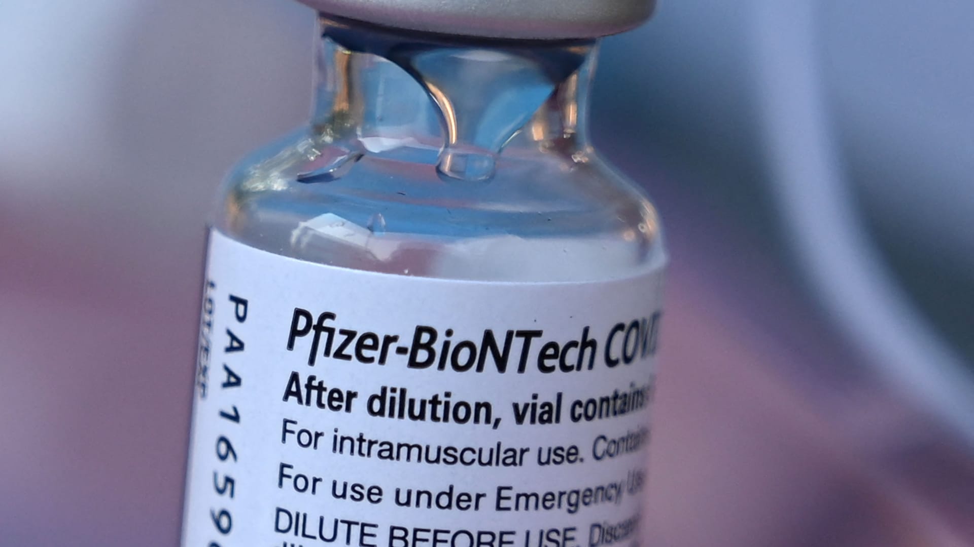 A vial of Pfizer-BioNTech Covid-19 vaccine is seen at a pop up vaccine clinic in the Arleta neighborhood of Los Angeles, California, August 23, 2021.