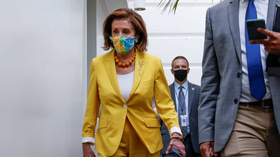 U.S. House Speaker Nancy Pelosi (D-CA) arrives for a House Democratic caucus meeting amidst ongoing negotiations over budget and infrastructure legislation at the U.S. Capitol in Washington, U.S. August 24, 2021.