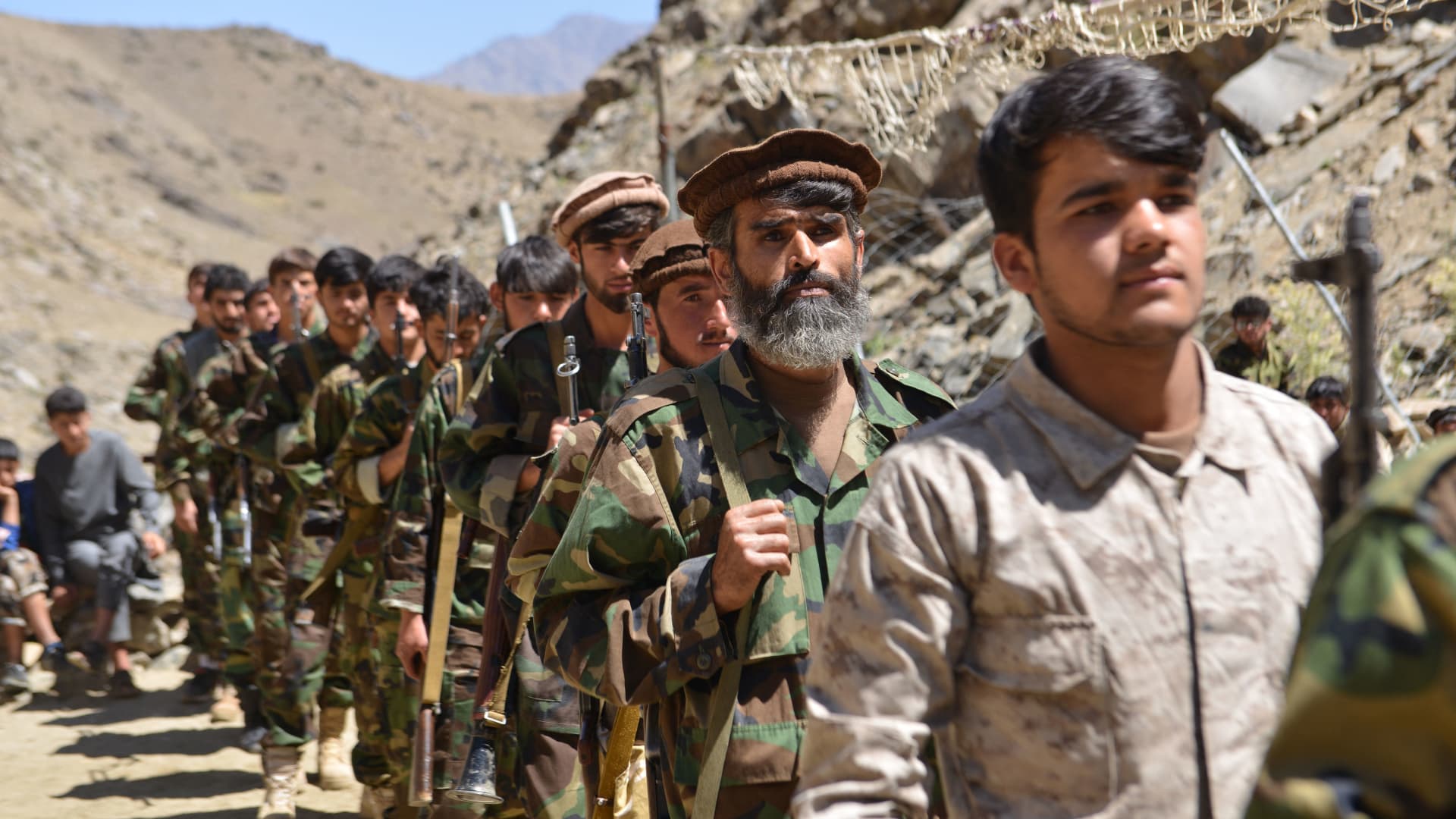 Afghan resistance movement and anti-Taliban uprising forces take part in military training at the Abdullah Khil area of Dara district in Panjshir province on August 24, 2021.